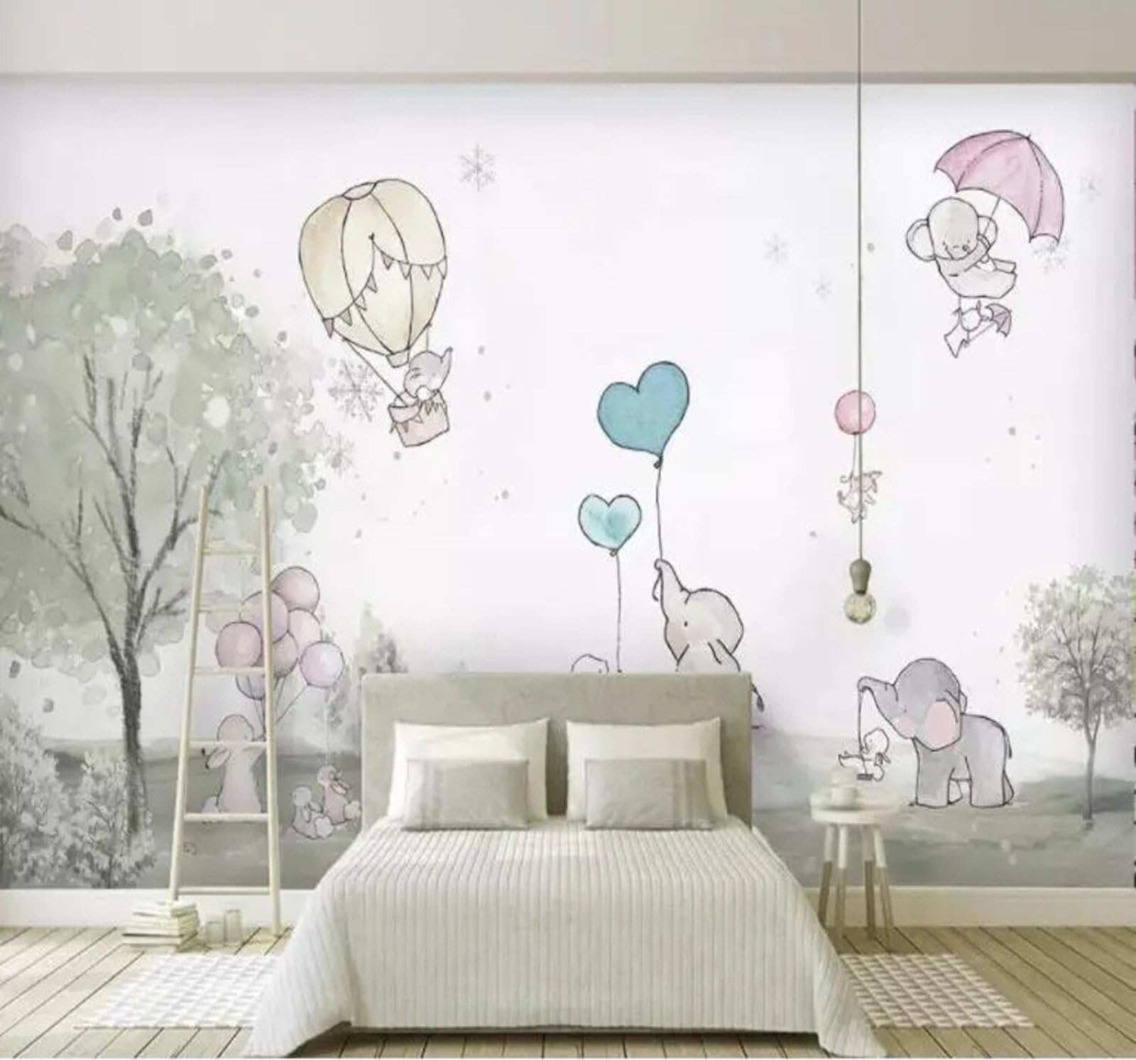 Xlming 350Cm×256Cm(B×H) Hand Drawn Cartoon Elephant Rabbit Trees 3D Wallpaper Premium Textured Silk Study Dining Living Room Bedroom Sofa Tv Wall Easy Install-350Cm×256Cm