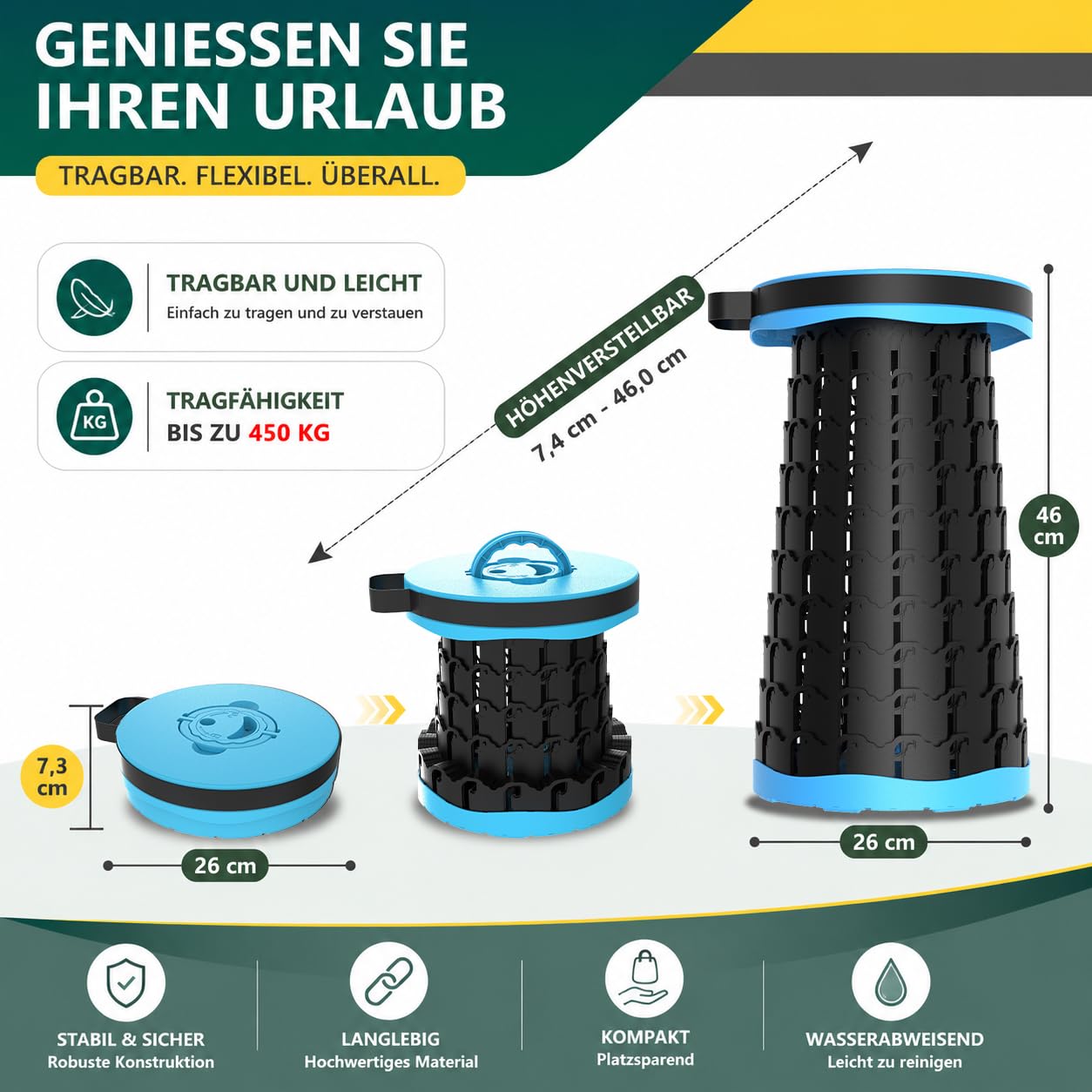COOLYNX Przenośny mini teleskopowy stołek składany, ulepszony, grubszy stołek, obciążenie 450 kg, lekki, składany, idealny na kemping, do wędkowania, wędrówek, grillowania (niebieski)