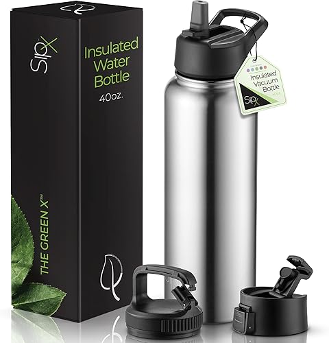 Miniatura 43 de SipX™ - Botella de agua de acero inoxidable de 40 onzas con triple aislamiento térmico, 3 tapas, reutilizable y sin bisfenol A, mantiene las bebidas