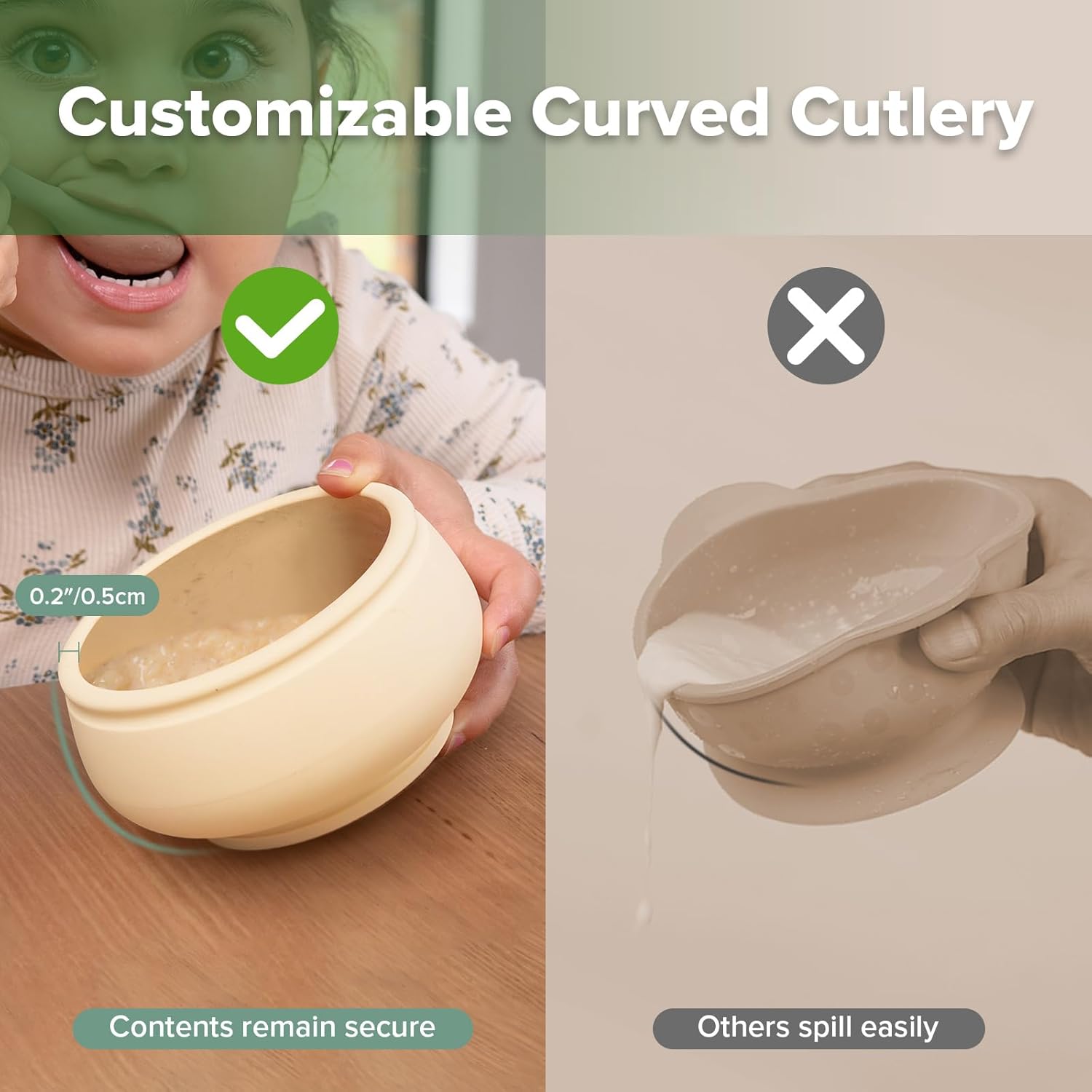 haakaa Silicone Mushroom Bowl & Bendy Cutlery Set – Baby Bowls with Suction & Spillproof Lid, Baby Spoons & Forks for Self Feeding, BPA-Free - Toast