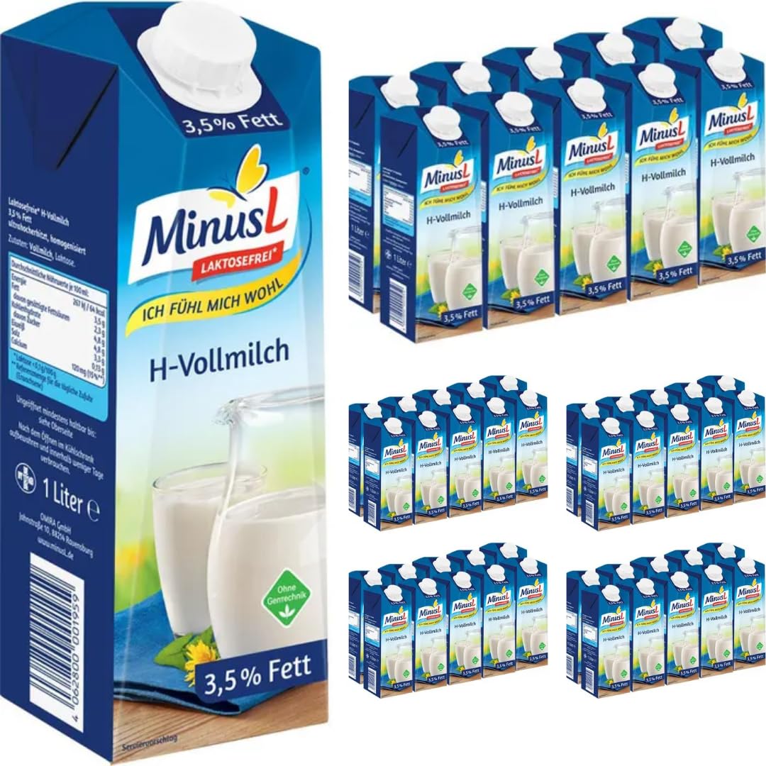 MinusL Milch Laktosefreie H-Milch 3,5% Fett Haltbare Milch, je 1 Liter, 50 Stück+ pufai
