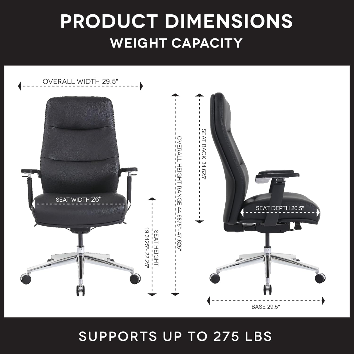 Diagram showing product dimensions and weight capacity of the WorkPro Momentum chair