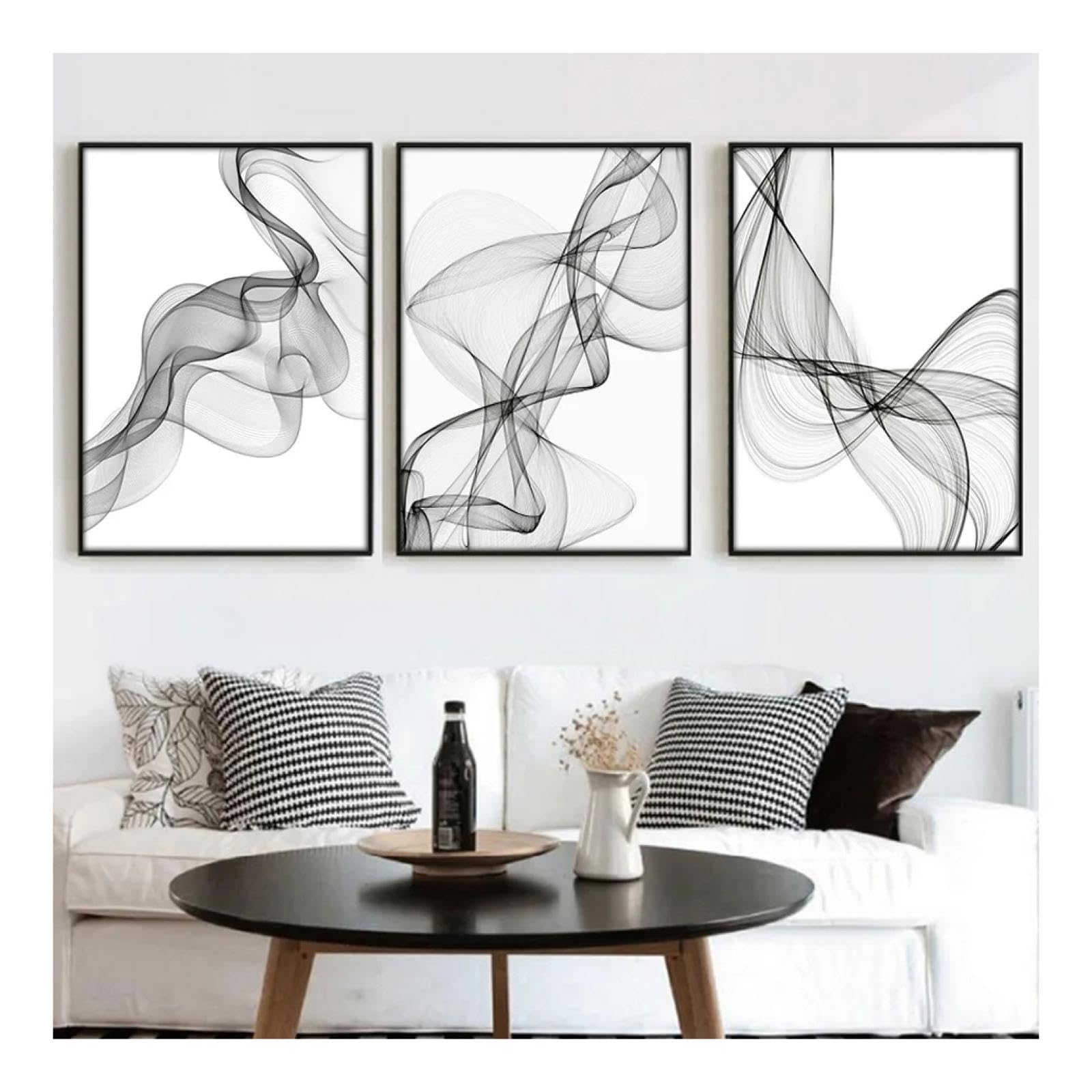 Póster minimalista de líneas onduladas abstractas en blanco y negro, impresiones de pinturas, imágenes artísticas de pared interior para sala de estar(85x120cmX3) marco interno de 33x47 pulgadas