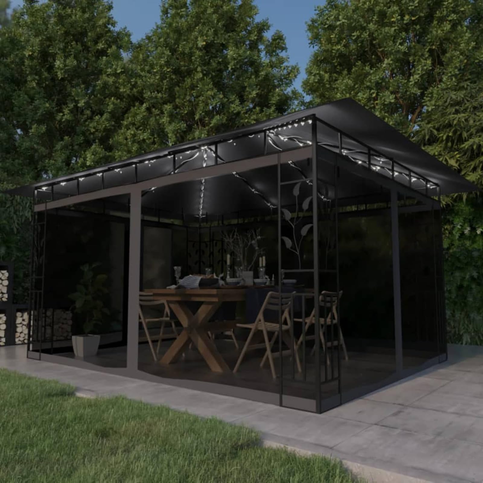 Gazebo con Zanzariera e Luci LED 4x3x2,73 m Antracite,Gazebo Pergola con Telo Impermeabile Richiudibile E Struttura Rettangolare in Acciaio Inossidabile Ad Alta Densità, per Arredo Giardino,