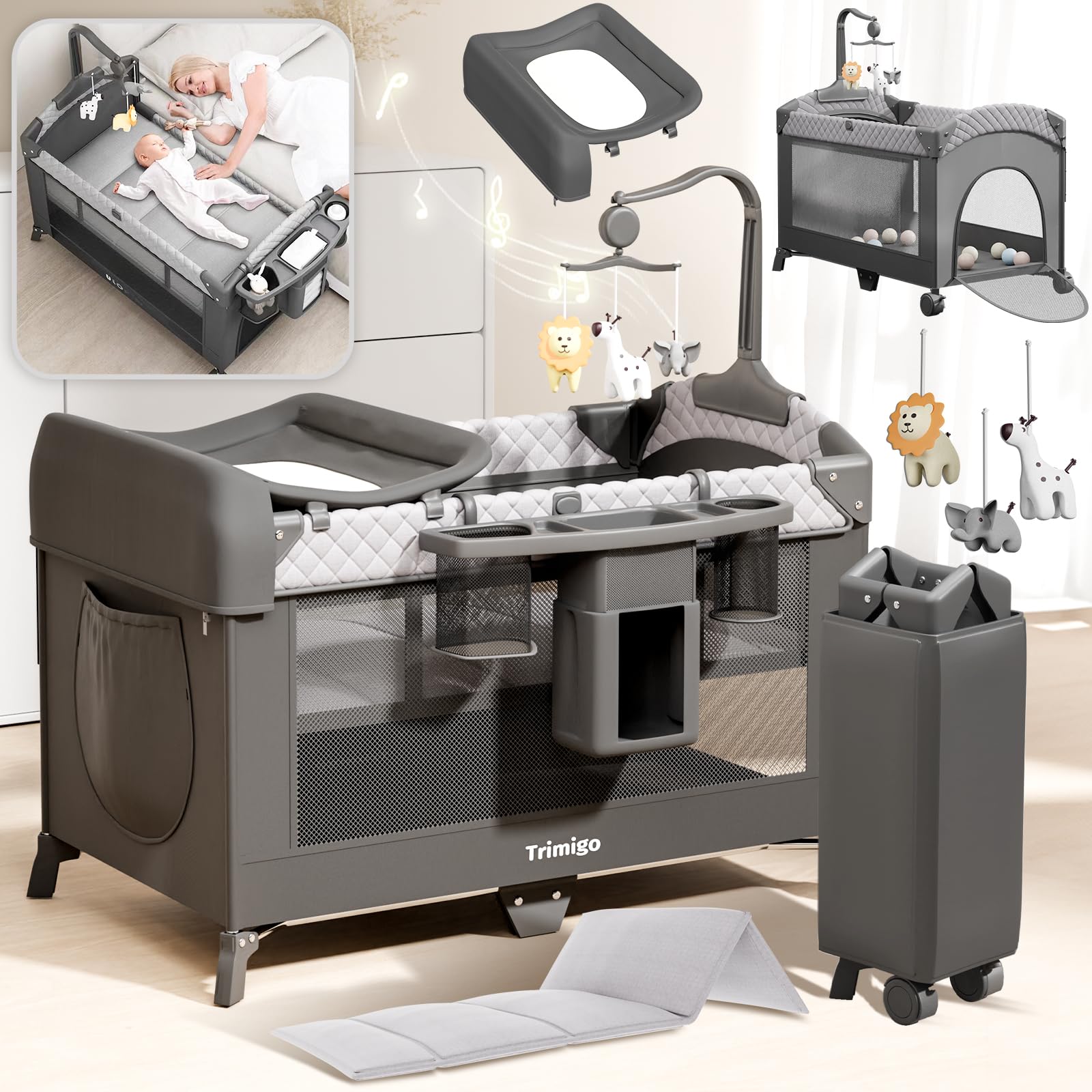 lit bébé Pliable,Réglables en Hauteur, Aucune Installation nécessaire,Jouets,Table à Langer, Super Forte Charge porteuse, Facile à Voyager, Moustiquaire，cododo Bebe,lit Bebe evolutif