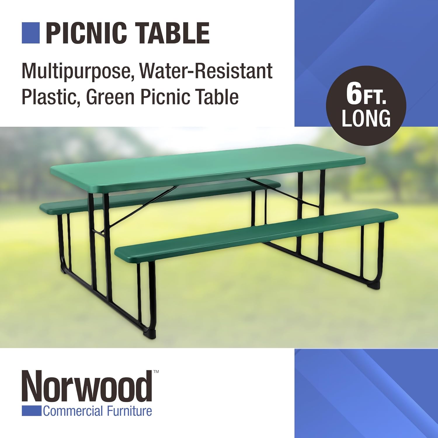 Norwood Commercial Furniture Rectangular Picnic Table with Benches, Blow-Molded Plastic Portable Outdoor Picnic Table, Green