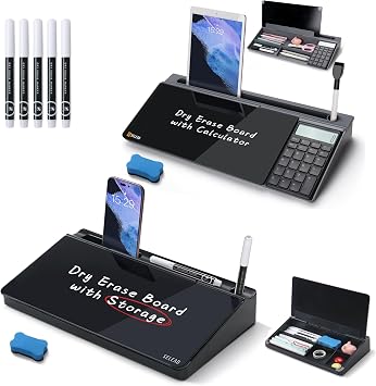 SELEAD Black Desktop Glass Board + Desk Dry Erase Board with Calculator, Tabeltop Storage Keyboard Stand for Home Office School