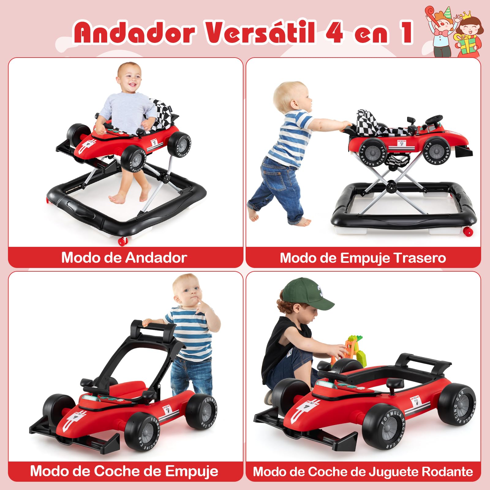 COSTWAY 4 en 1 Andador Bebes, Tacata Bebe Plegable con 3 Alturas Ajustables, Volante con Asiento Acolchado y Caja de Música, Diseño Antivuelco, Caminador para Bebe de 6-18 Meses (Rojo)