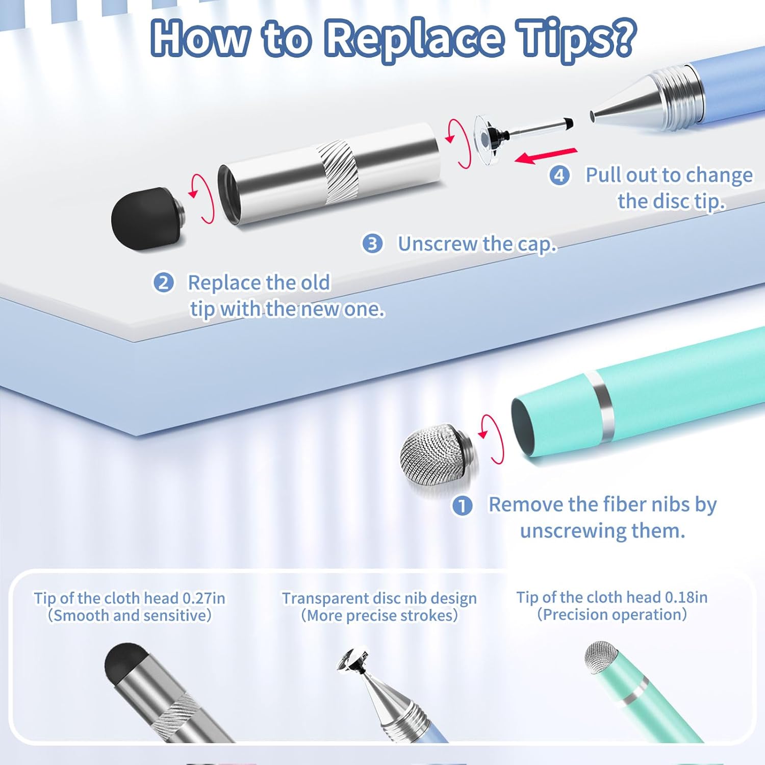 Diagram illustrating the steps to replace the different tips of the stylus pen.