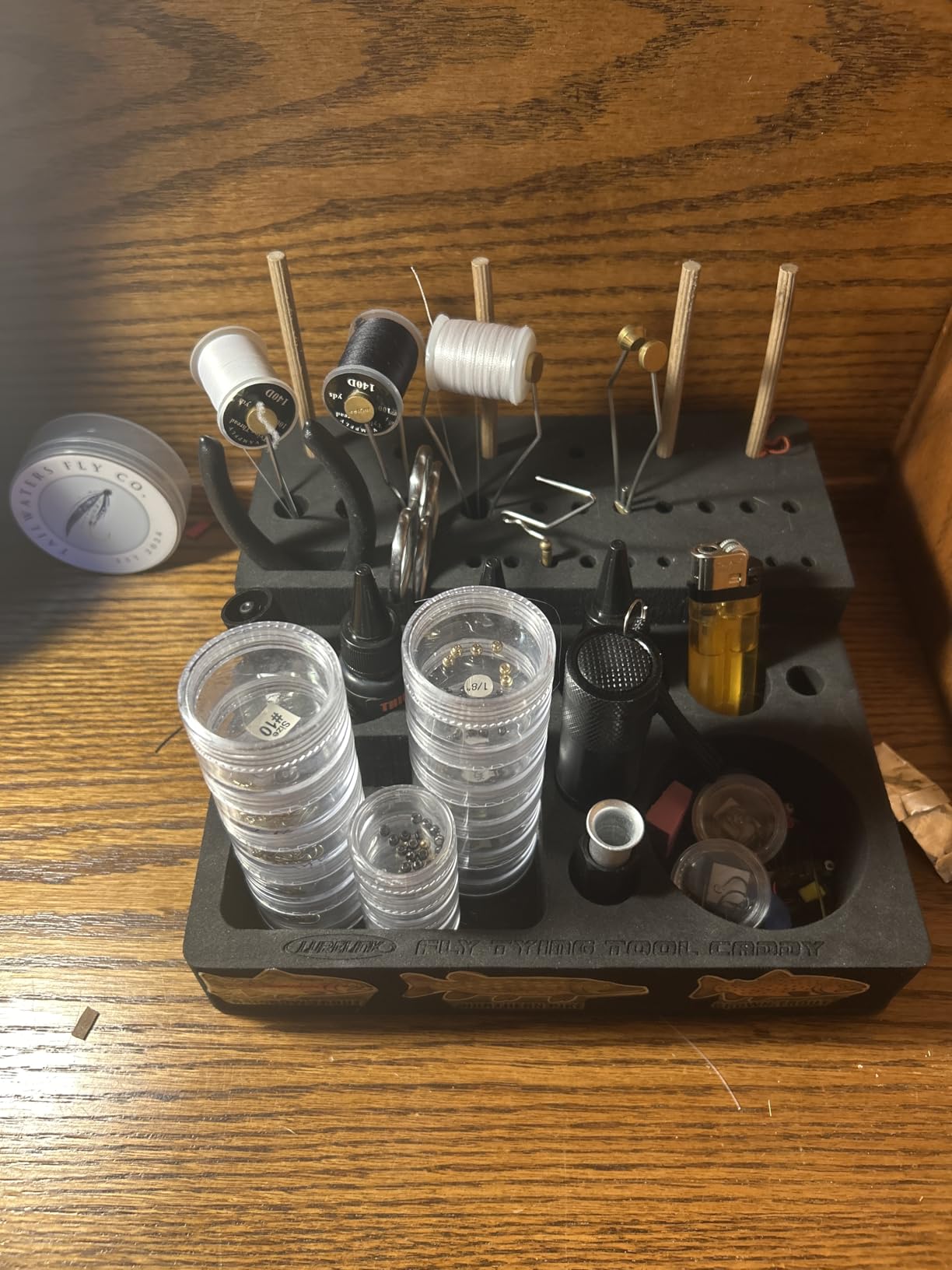 LURELINK fly tying caddy showing clear storage boxes and bobbin holders