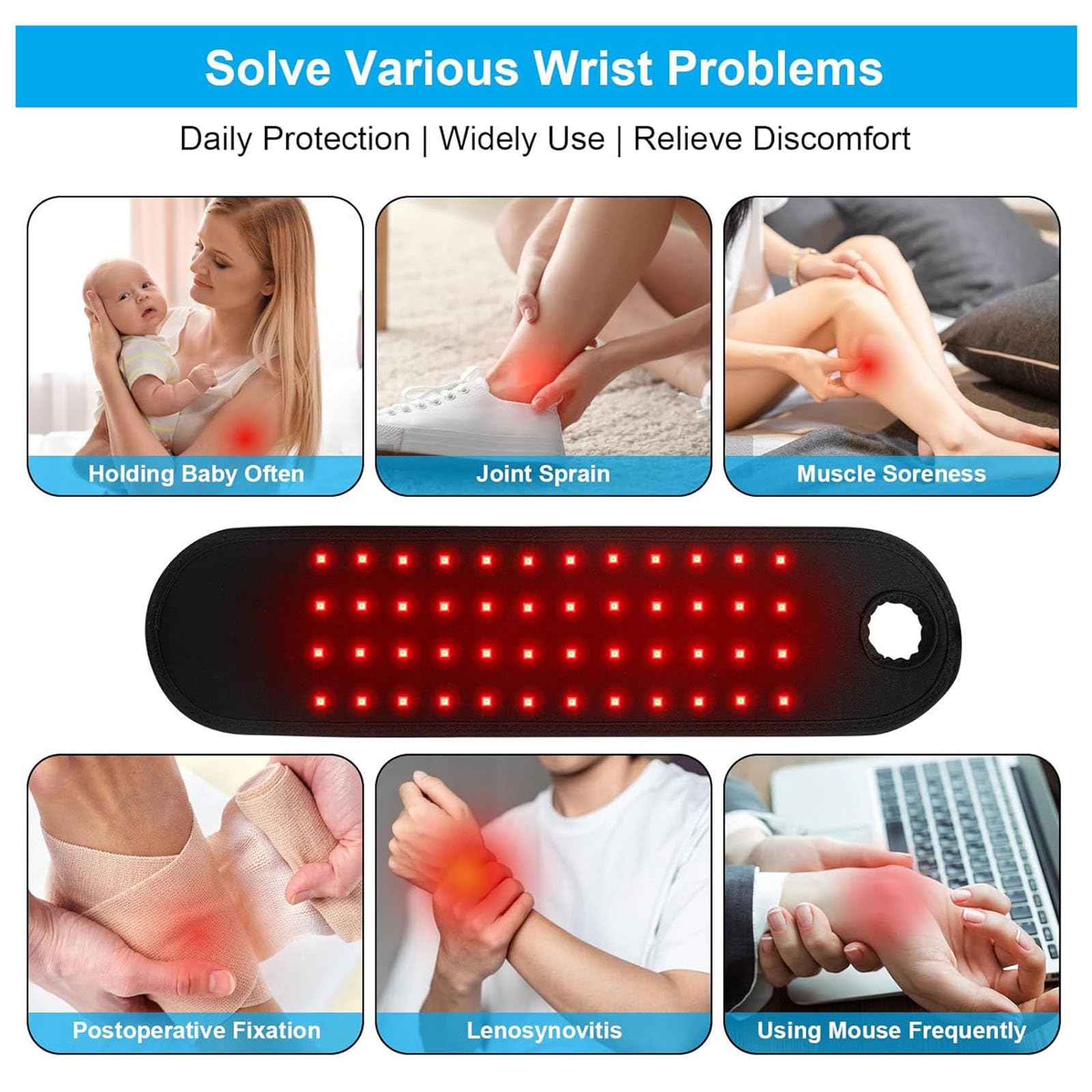 Cinturón de terapia de luz roja, dispositivo infrarrojo de 660 nm y 850 nm para alivio del dolor y recuperación, ideal para apoyo de muñeca, rodilla y músculo, promueve la curación y la comodidad