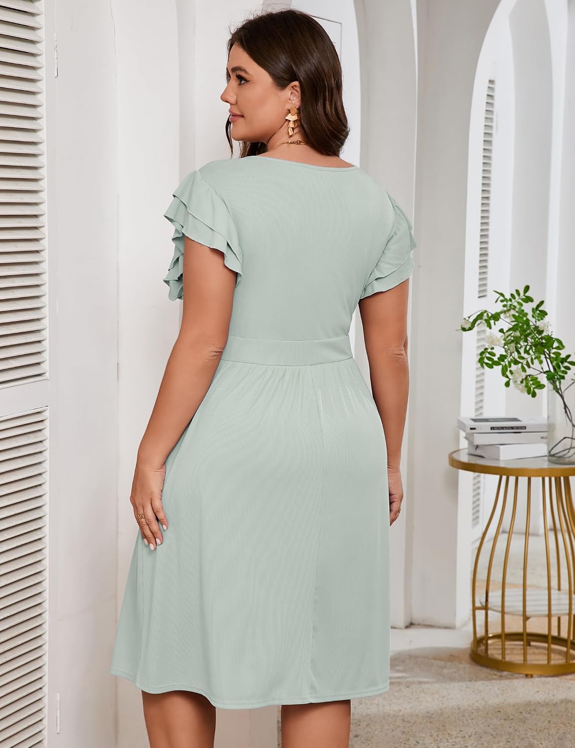 ShopWonder Women Plus Size Midi Dress Short Ruffle Sleeves High Waist Casual Summer Dress with Pockets