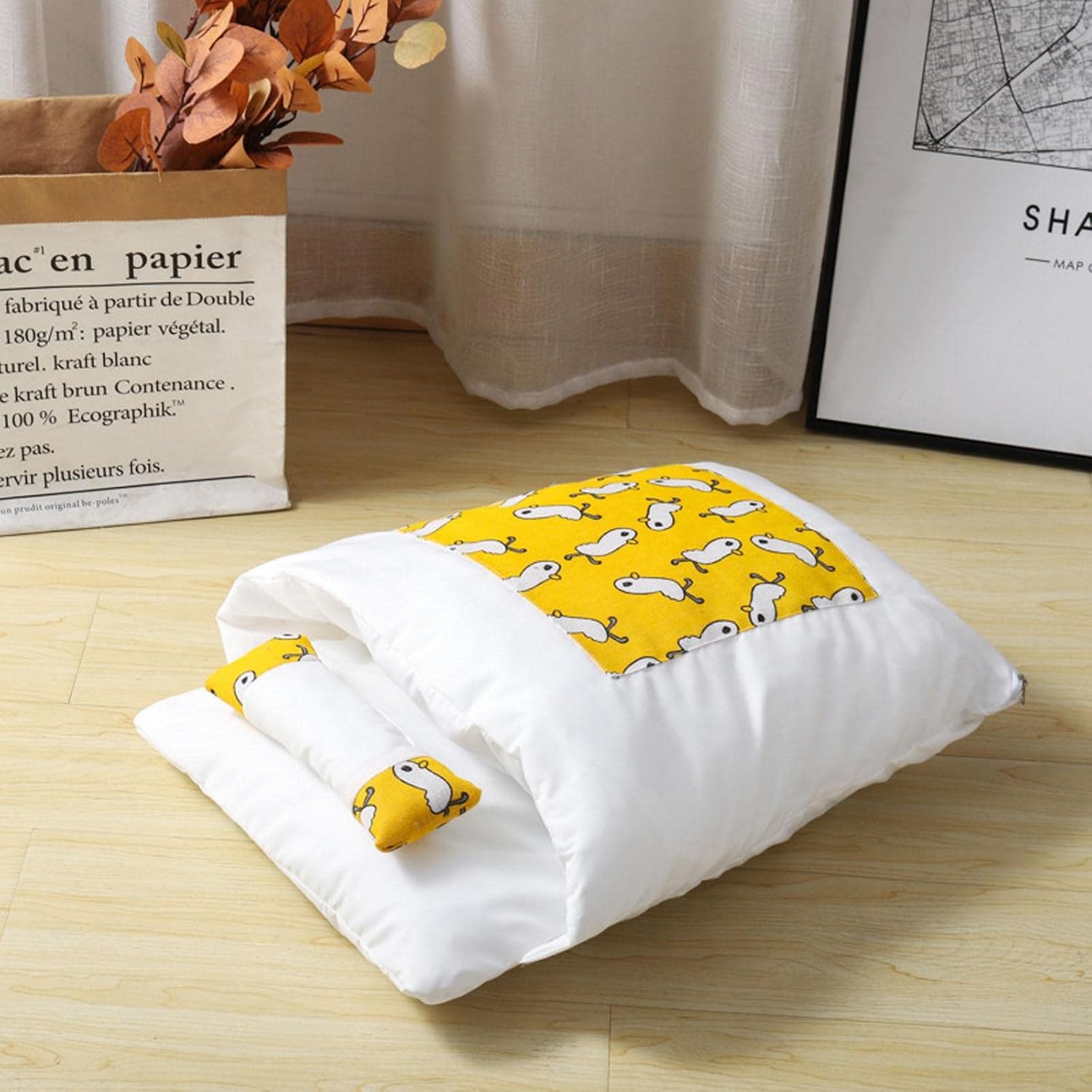 Warming Bed Mat Soft Warm Semi-Closed Pet Cave Sleeping Bag Washable Pad Hideaway for Cats & Small Dog Sleeping Bag Bed with Pillow for Indoor Cats Warming Outside Large Warming