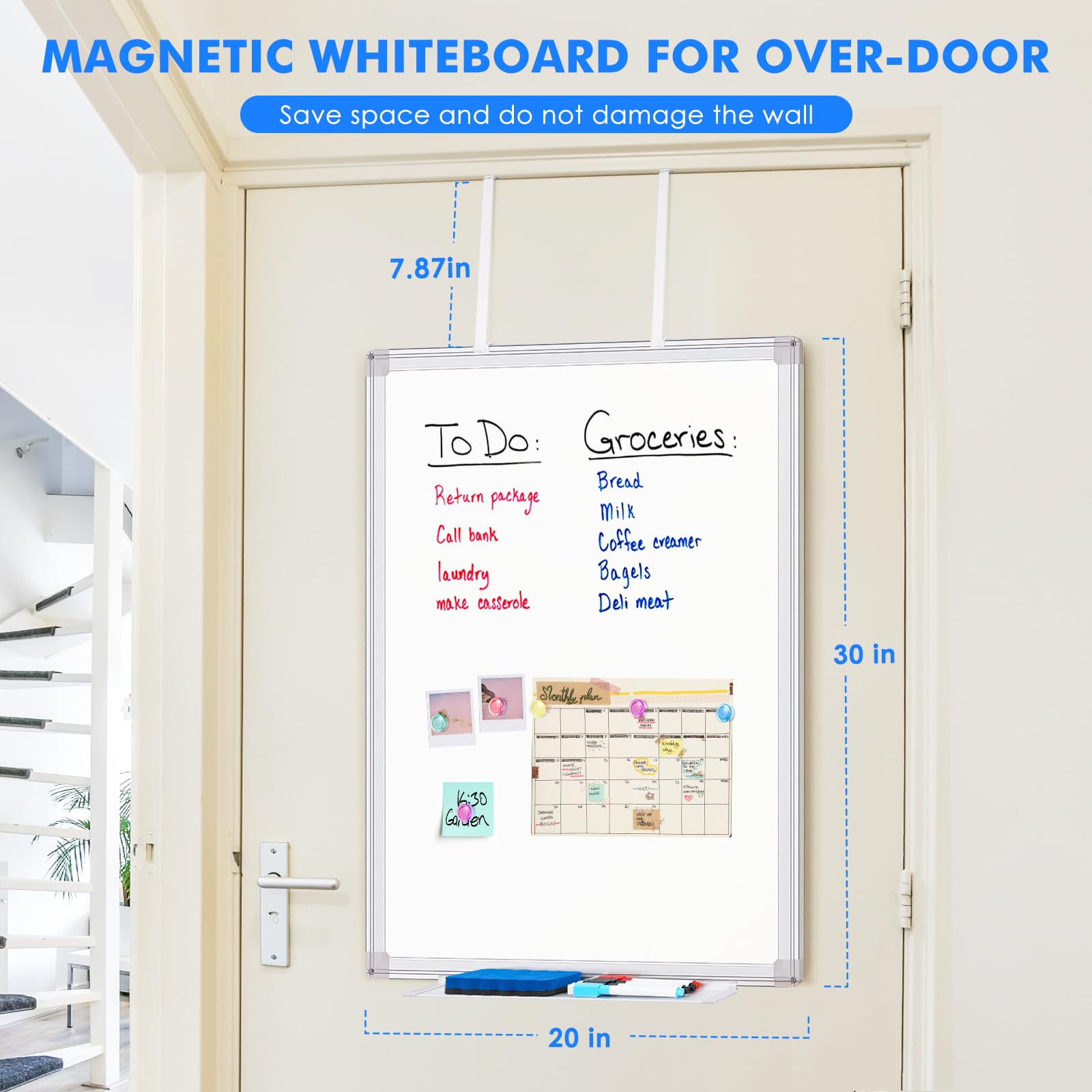 maxtek Pizarra blanca magnética pequeña para puerta y pared, 75 x 50 cm, con soporte de gancho ajustable de brazo largo, fácil de instalar, tablero de limpieza portátil para el hogar, dormitorio