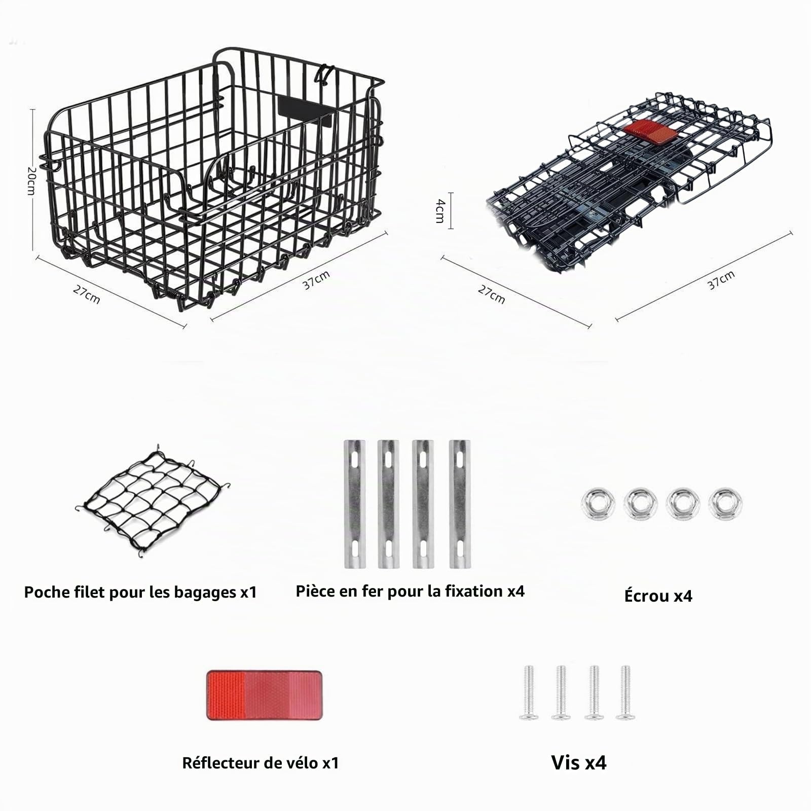 W&H Panier de Vélo Arrière Amovible en Métal - Grand Panier de Vélo Pliable - Porte-Bagages Arrière avec Accessoires de Montage - Filet à Bagages et Réflecteur - Panier de Vélo pour Petit Chien