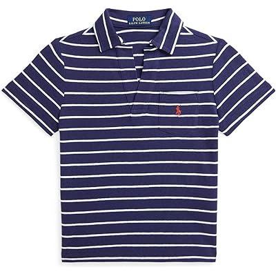 Мужская рубашка Polo Ralph Lauren Kids Striped Cotton-linen Polo Shirt (Toddler/Little Kid) boathouse navy/deckwash white