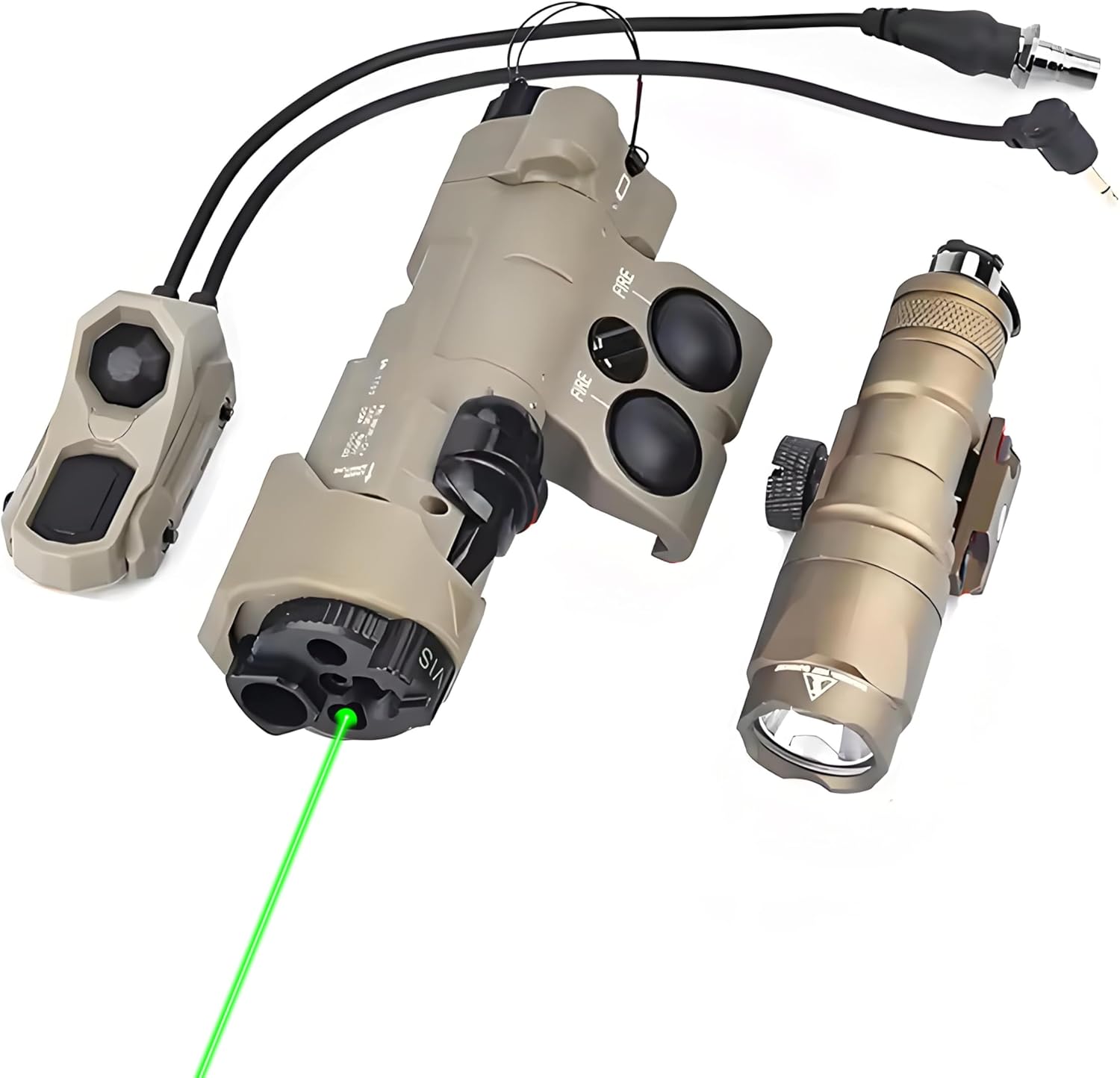 Nylon MWL Red/Green/Blue Indicator Powerful Laser Dot IR Indicator Sight with M300A Flashlight & Dual Control Remote Pressure Switch Combo，300 Lumen White LED Scout Torch Lights，for 20mm Rail，Tan