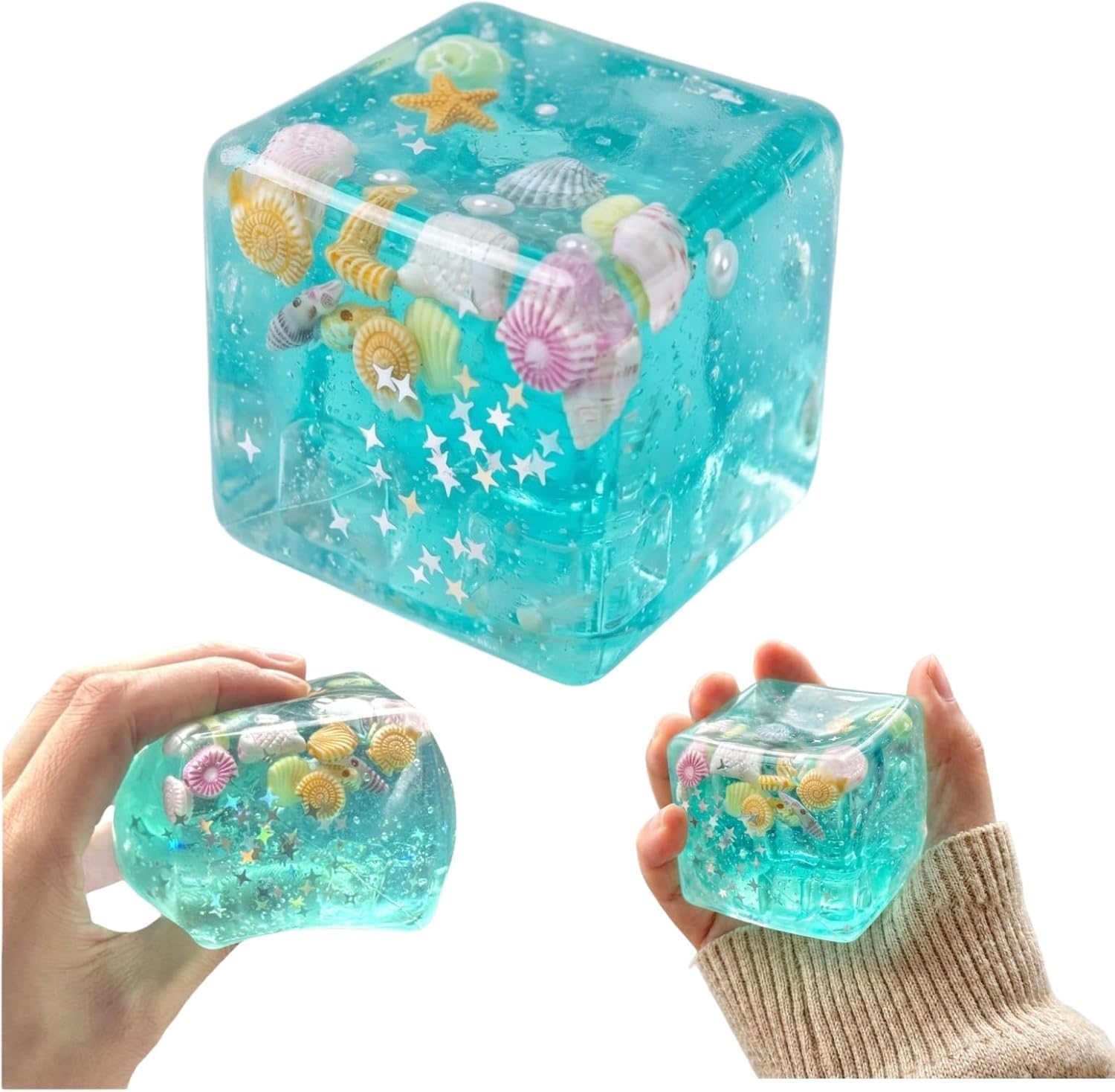 Ice Cube Stress Ball, Squishy Fidget Cube Toys with Sea Shells Inside Soft Sensory Squeeze Toys Stress Anxiety Relief Fidget Toys