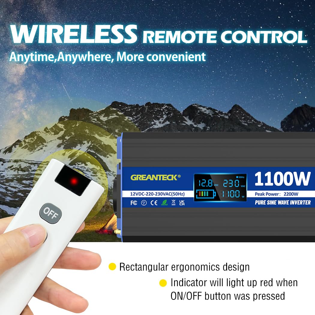 Wechselrichter 1100W Reiner Sinus 230V, Solar Wechselrichter mit Type-C, USB, LCD-Anzeige, Fernbedienung, EU-Steckdosen