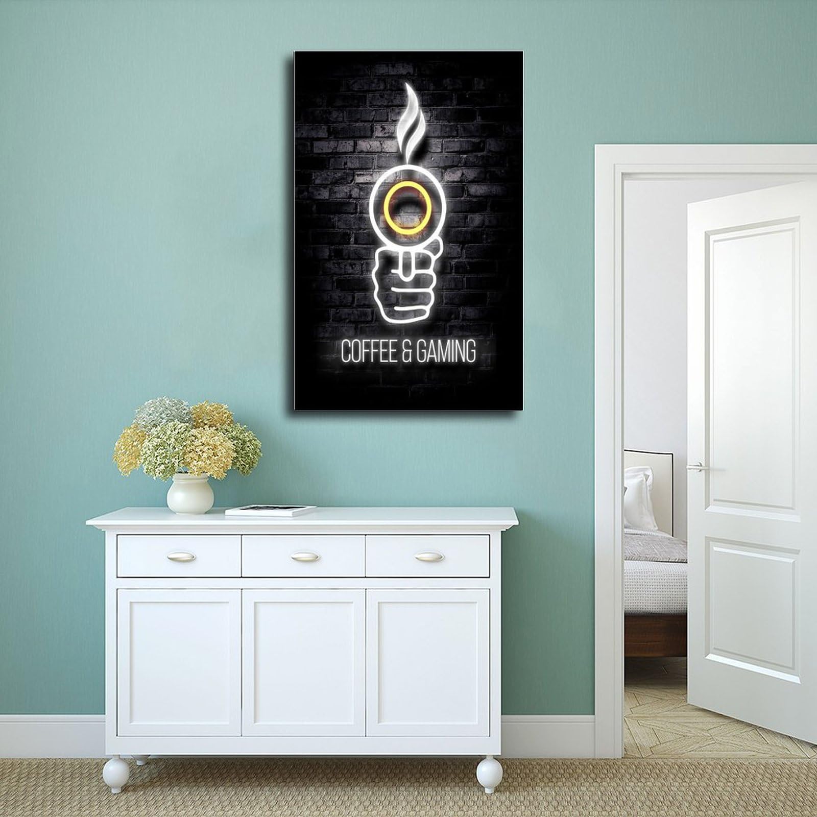 Poster, Motiv: Gaming-Kaffee-Neon-Poster, Druck für Teenager, Jungen, Zimmer, Leinwand, Wandkunst, Leinwand, Gemälde, Druck, 60 x 90 cm