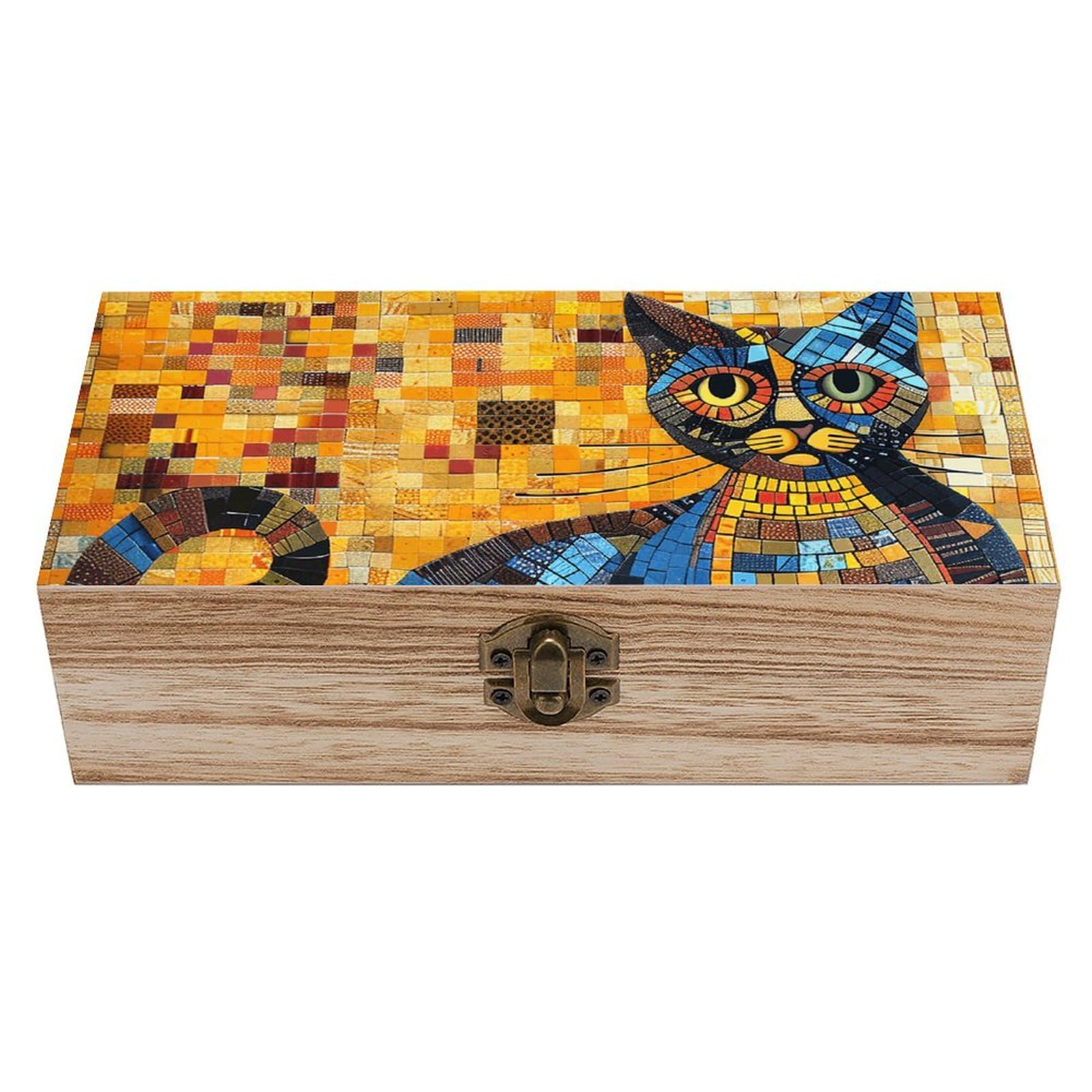 Ghbnk Women's Colorful Abstract Cat Wooden Decorative Storage Box Jewelry Storage Bins With Hinged Lock Vintage Keepsake Chest For Organizing Rings, Necklaces, Trinkets Storage Container For Mom Gift