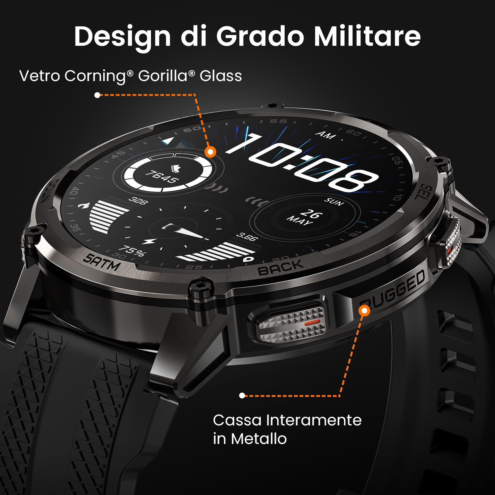 KOSPET Tank T4C Smartwatch Uomo Rugged con Torcia Integrata, 5 ATM & IP69K | GPS a 6 Satelliti, Batteria 15 Giorni, Monitor Sonno e Frequenza Cardiaca, 170+ Modalità Sportive per Android & iPhone, Nero