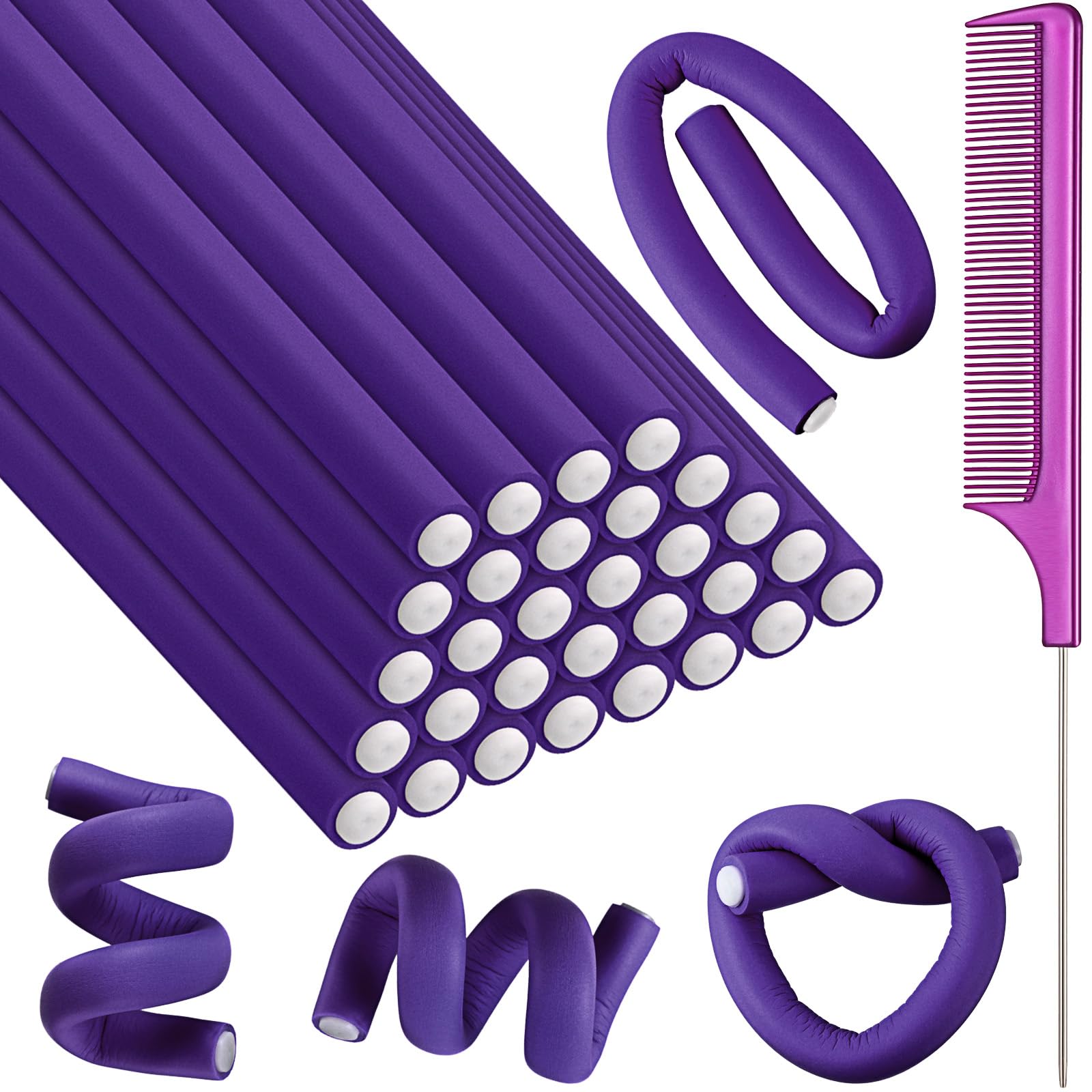 Syhood 30 Pcs 7'' Flexible Curling Rods Twist Foam Hair Rollers Soft Foam No Heat Hair Rods Rollers and 1 Steel Pintail Comb Rat Tail Comb for Women Long Short Hair(Purple,7 x 0.39 Inch)