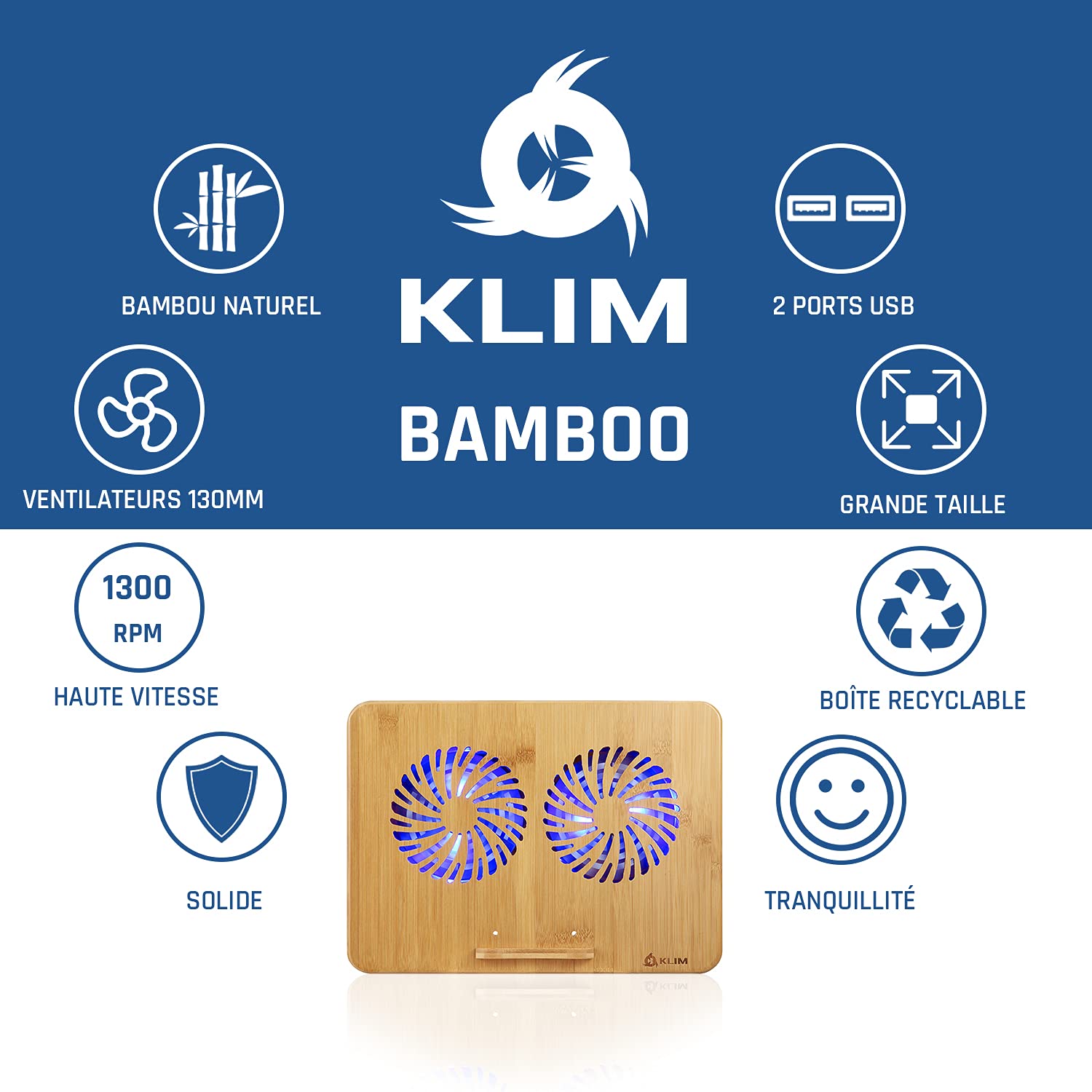 KLIM Bamboo Refroidisseur PC Portable Vitesse réglable Support ventilé Structure en Bambou Ordinateur 10-15,6 Pouces Port USB