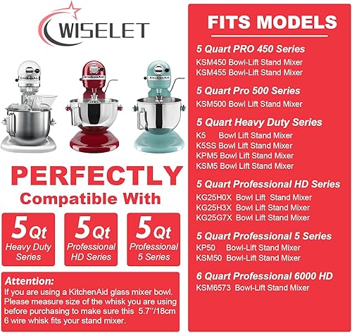 Miniatura 2 de K5A Batidor de acero inoxidable para mezclador KitchenAid de 5 cuartos de galón, apto para K5, K5SS, KG25, KP50, KSM6573, KSM450500, batidor de