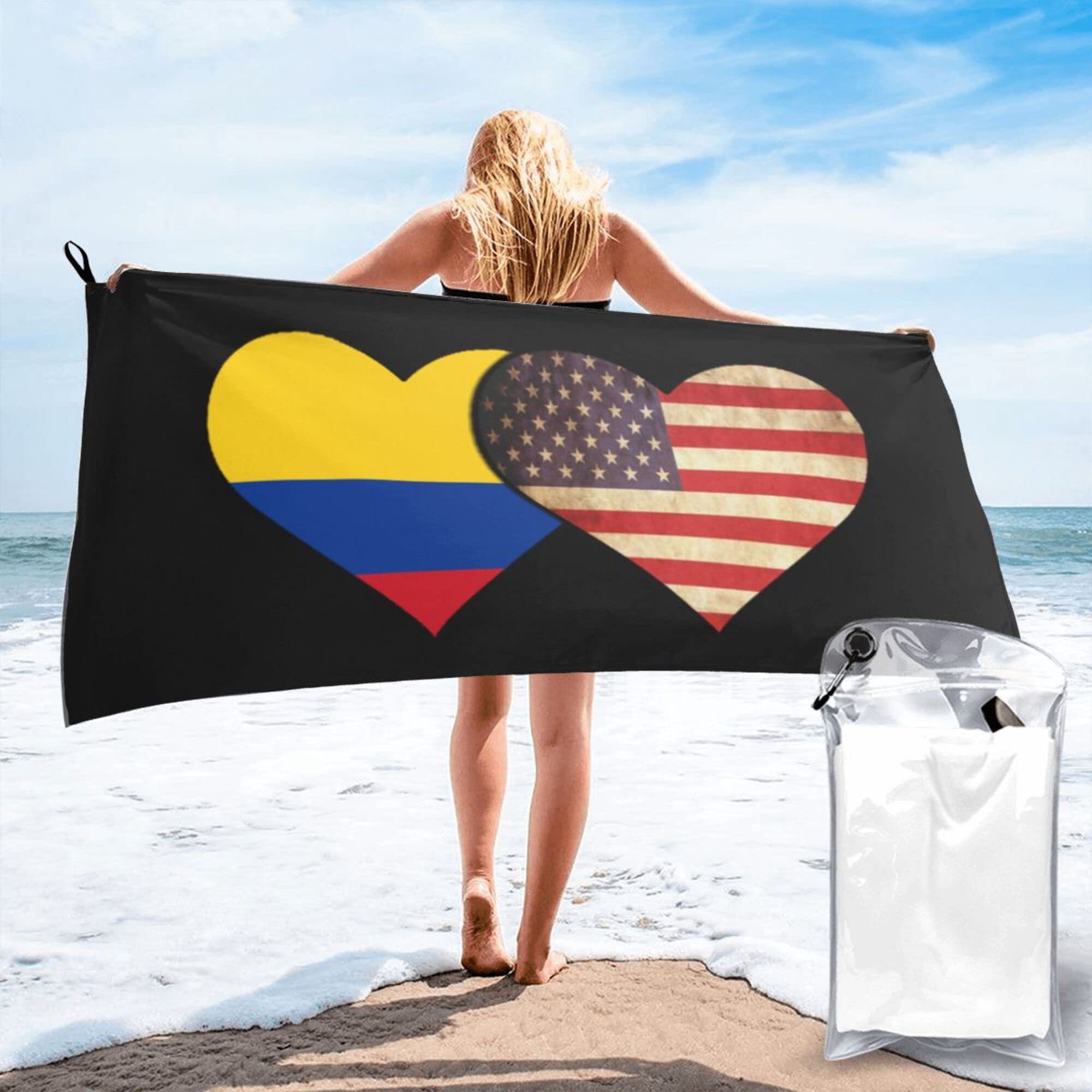 Lsjuee Colombia Flag and American Flag Microfiber Beach Towel-Quick Dry Oversized Towels Blanket for Travel Pool Camping