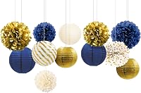 NICROLANDEE Tengerészkék-Arany Dekorációs Szett - 12 db Papír Lampion és Selyempapír Pompon - Ballagásra, Szilveszterre, Babaváróra, Születé 1