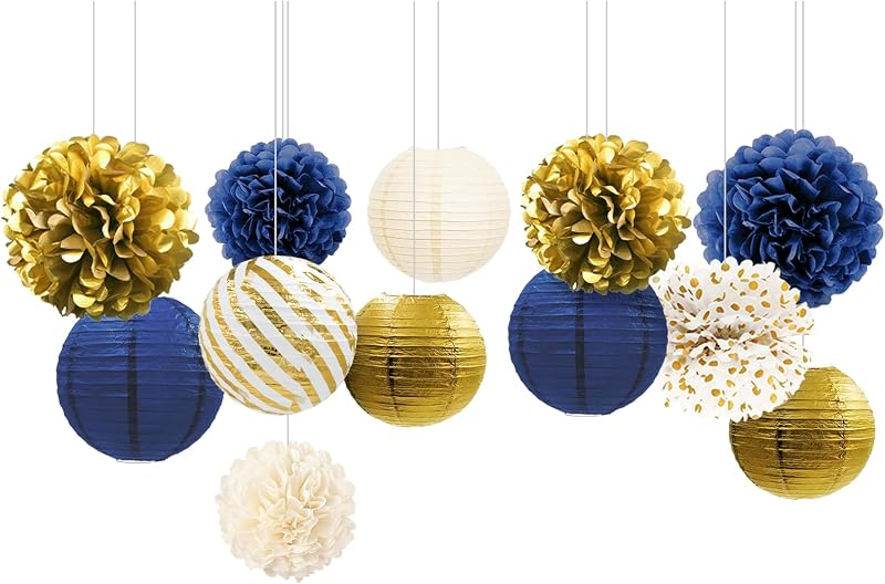 NICROLANDEE Tengerészkék-Arany Dekorációs Szett - 12 db Papír Lampion és Selyempapír Pompon - Ballagásra, Szilveszterre, Babaváróra, Születé