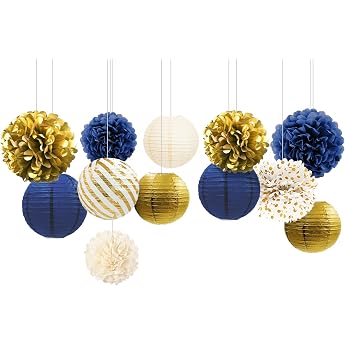 NICROLANDEE Navy Blue Gold Decorations Pack of 12 Hanging Paper Lanterns Tissue Paper Pompoms Decoration for Class 2026 Prom New Year Baby Shower Decoration Birthday Decoration