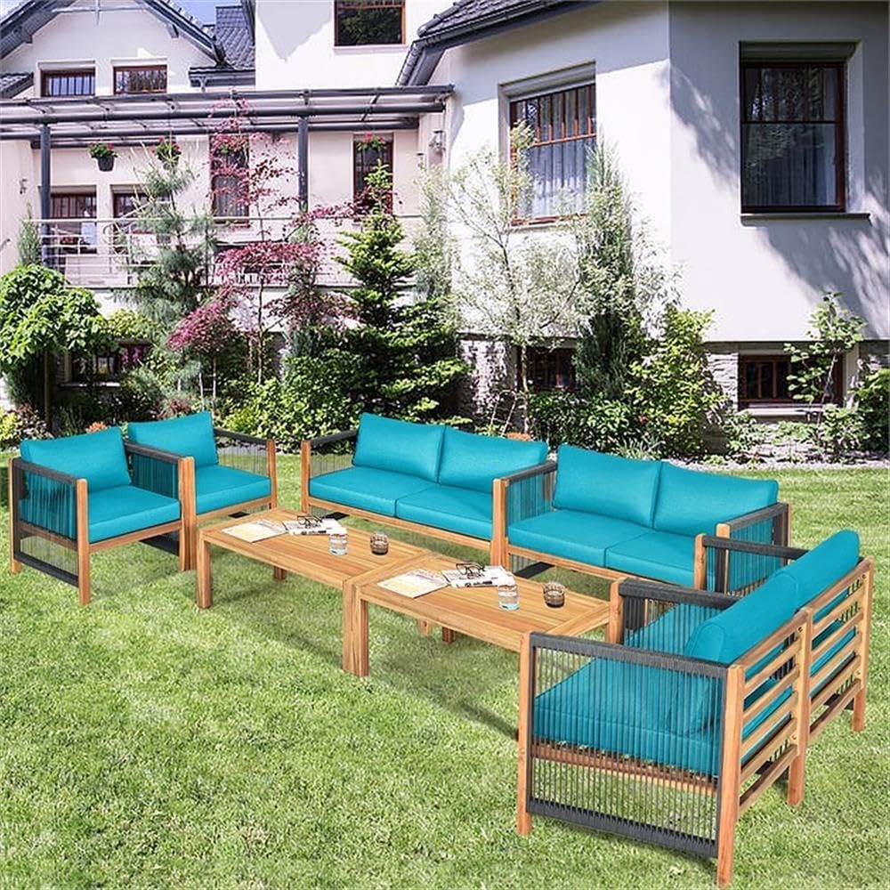 Pemberly Row 8-Piece Wood Patio Furniture Set, Turquoise Cushions, Acacia Wood Frames, Rope Armrests, Modern Outdoor Sofa Set for Garden, Backyard, or Poolside Use, Includes Chairs, Loveseats, Tables