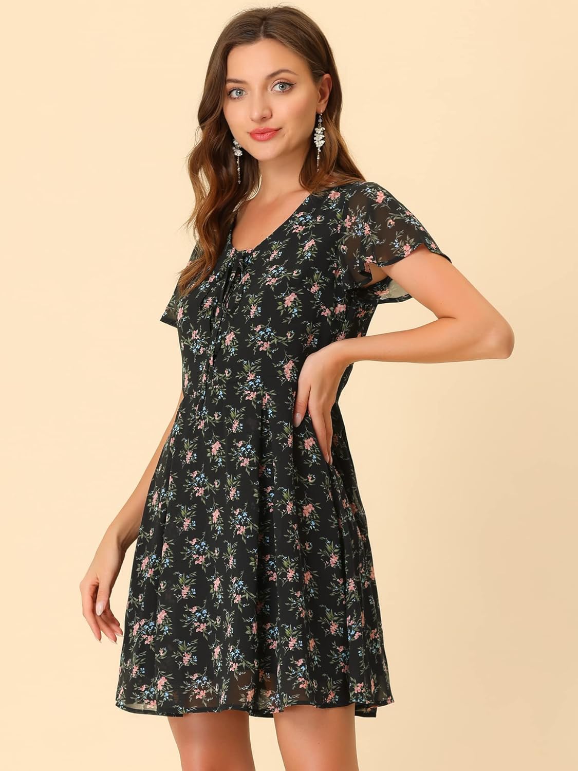 Allegra K Women's Floral Printed Spring Summer Flare Short Sleeve Lace-up V Neck Chiffon Dress - Image 3