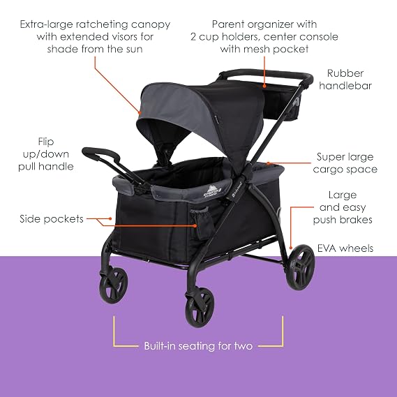 Baby Trend Expedition 2 in 1 Push or Pull Stroller Wagon with Canopy, Choose Between Car Seat Adapter or Built in Seating for 2 Children, Madrid Black