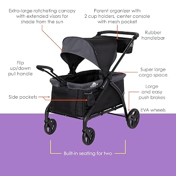 Baby Trend Expedition 2 in 1 Push or Pull Stroller Wagon with Canopy, Choose Between Car Seat Adapter or Built in Seating for 2 Children, Madrid Black