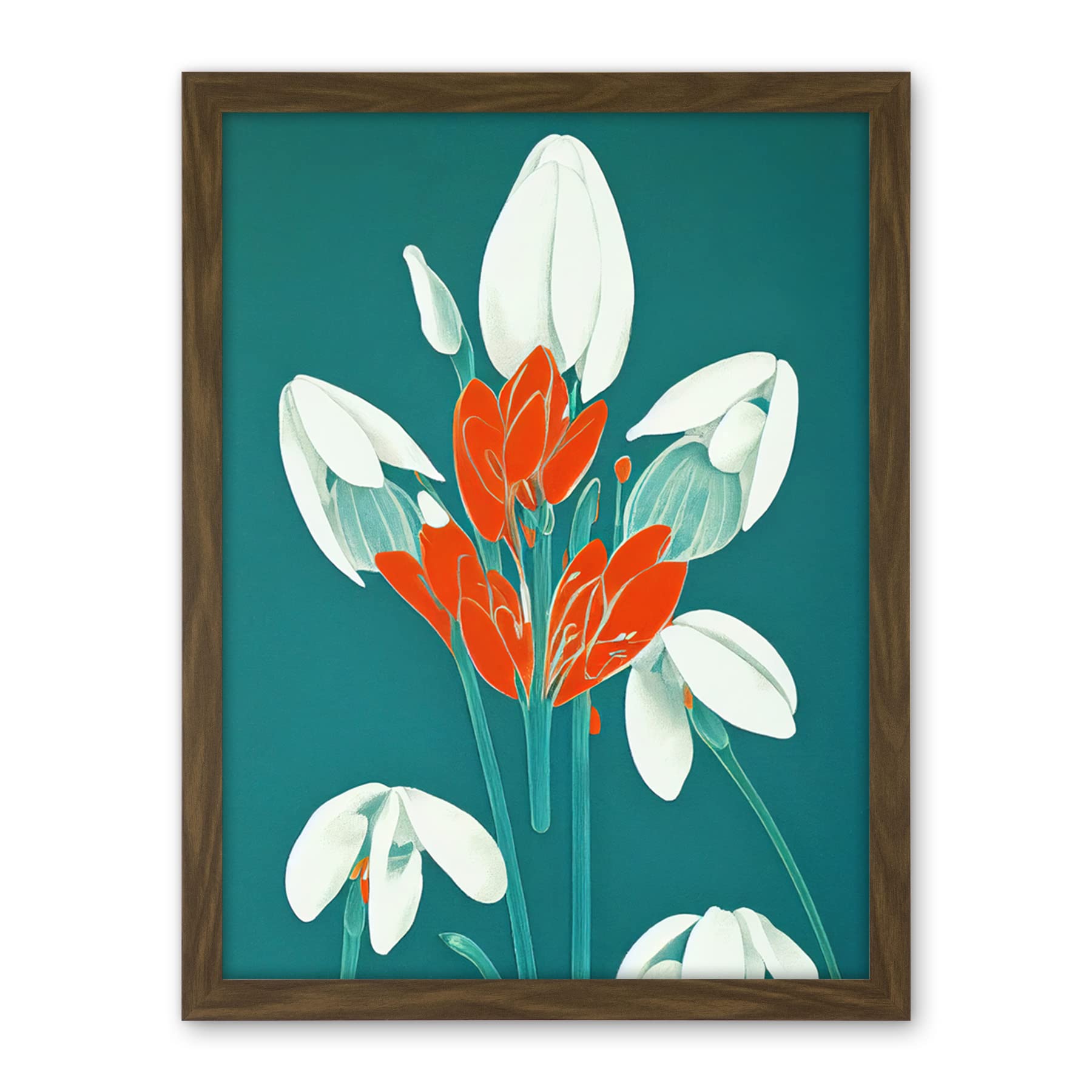 Wee Blue Coo Abstract Snowdrops Red Flowers on Teal Retro Mid Century Style Artwork Framed Wall Art Print 18X24 Inch