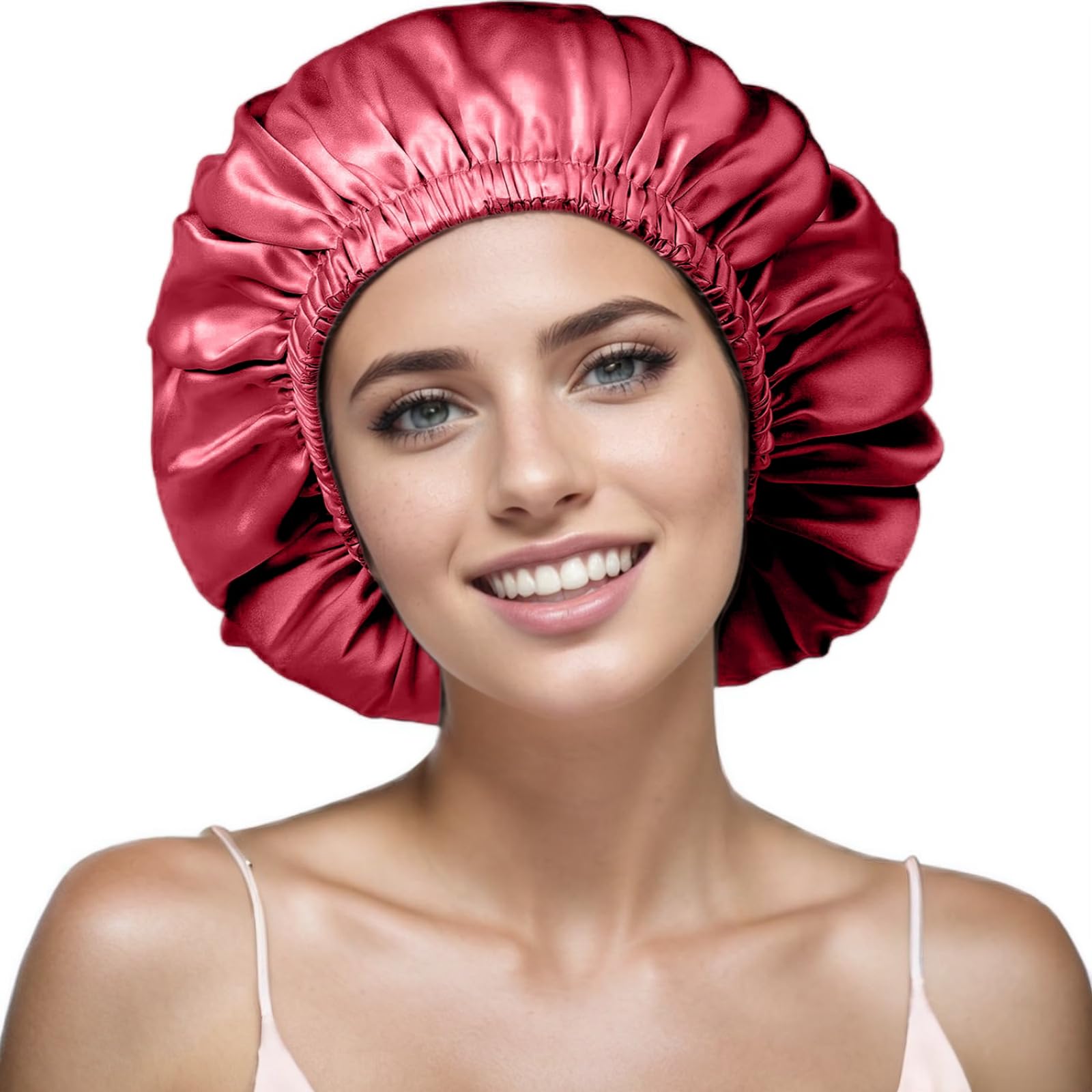 VECIIR Satin Bonnet Silk Bonnet for Sleeping Women and Men, Ajustable Hair Bonnet for Curly Hair with Double Layer Hair Bonnet,Wine red - Black,Medium