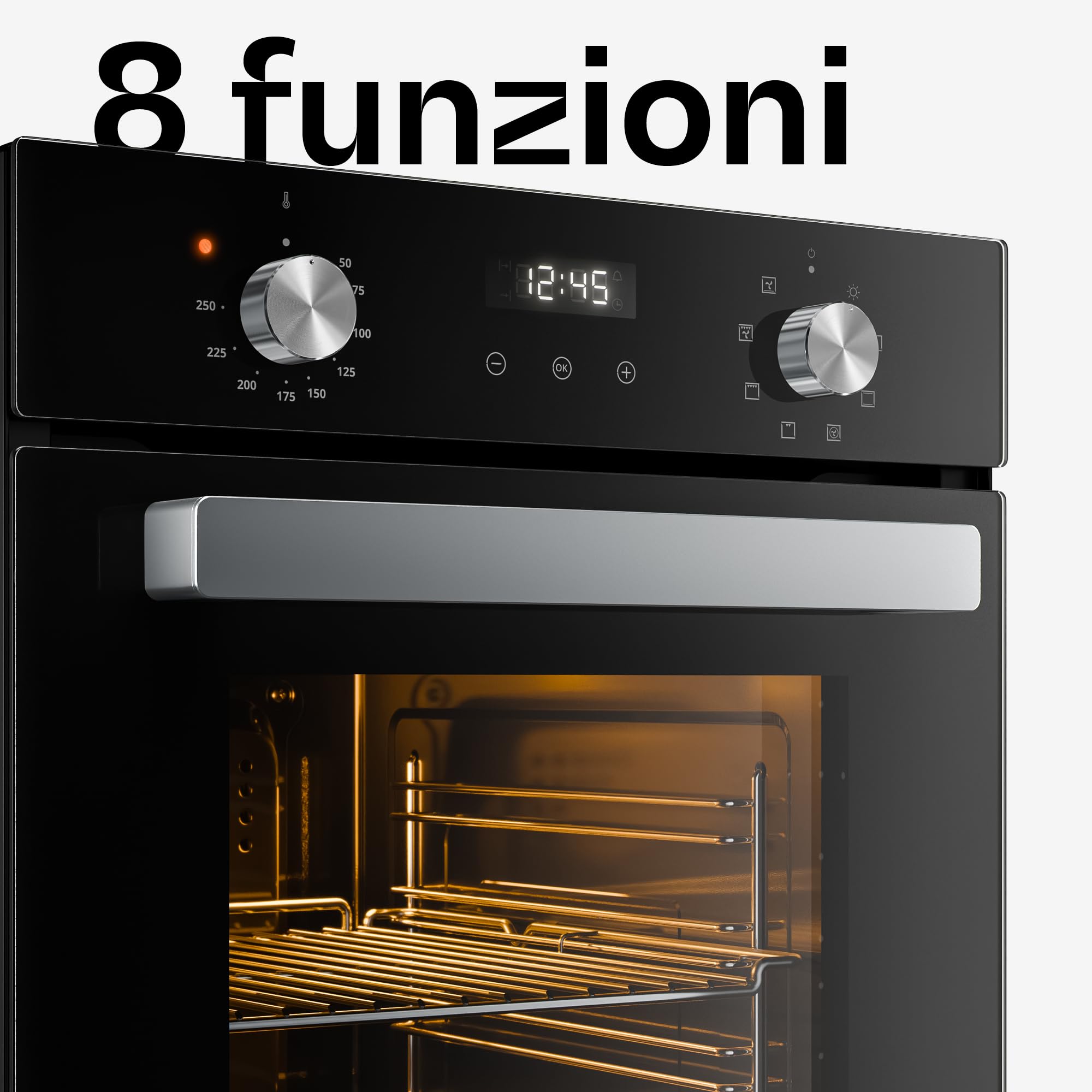 Klarstein Verosteel Forno da Incasso 45 cm - 49L, 8 Funzioni, Classe A, Timer, Doppio Vetro, Facile da Pulire, Acciaio Inox & Vetro Nero, Forno Elettrico Ventilato da Incasso