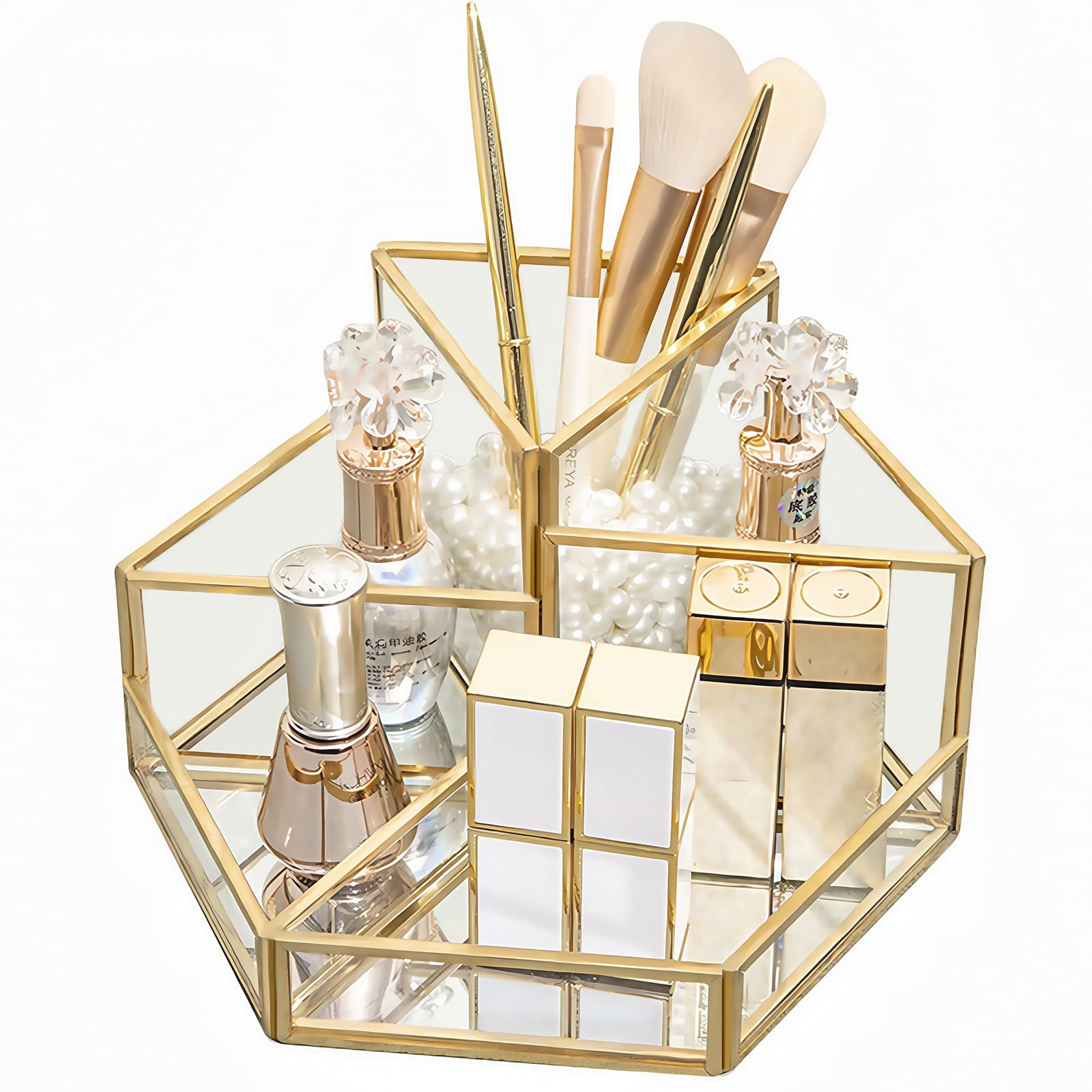 Rangement maquillage doré en verre avec 5 compartiments pour coiffeuse