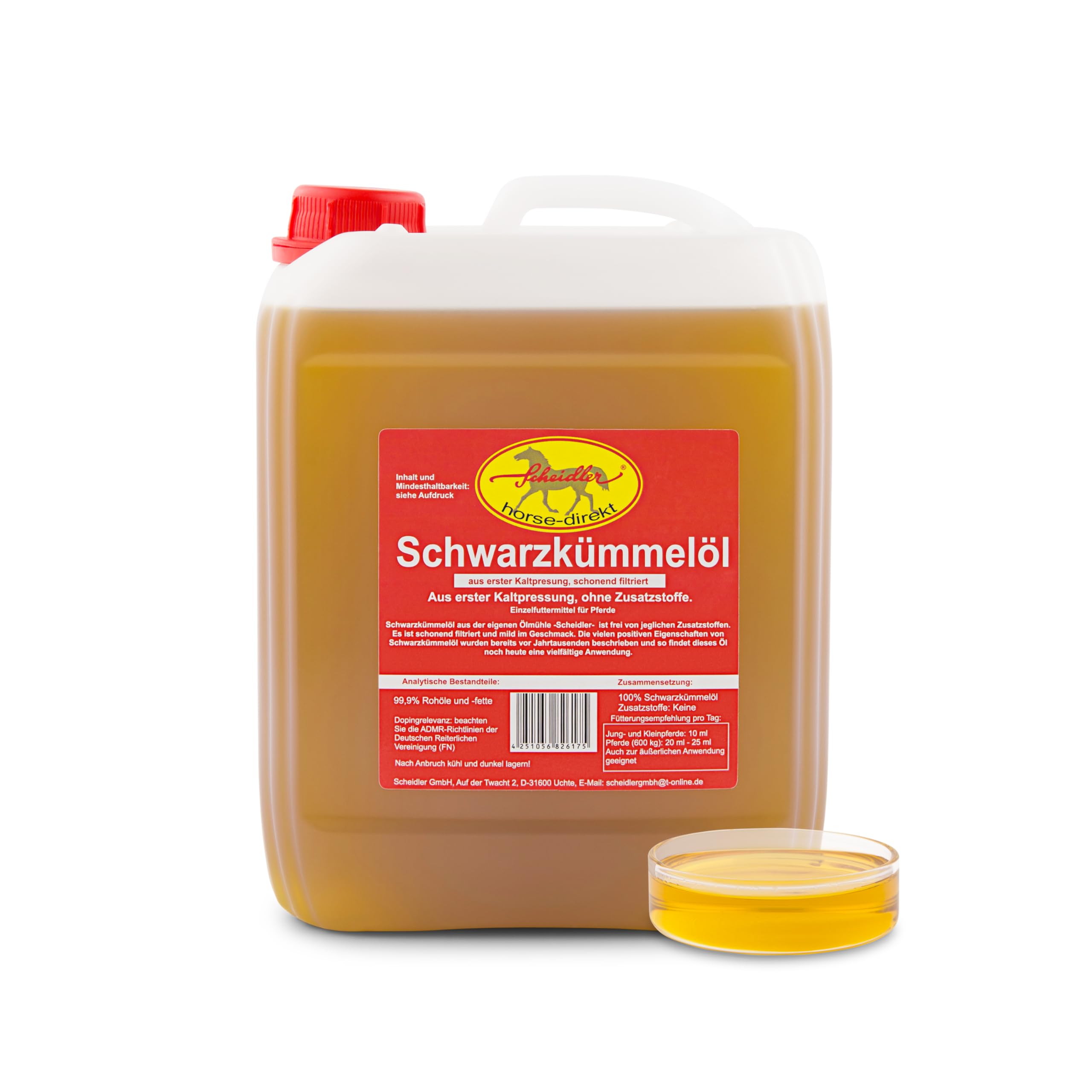 Scheidler horse-direkt Premium 2,5 L Schwarzkümmelöl Kanister für Pferde und Hunde Kaltgepresst – Frisch Aus Eigener Pressung