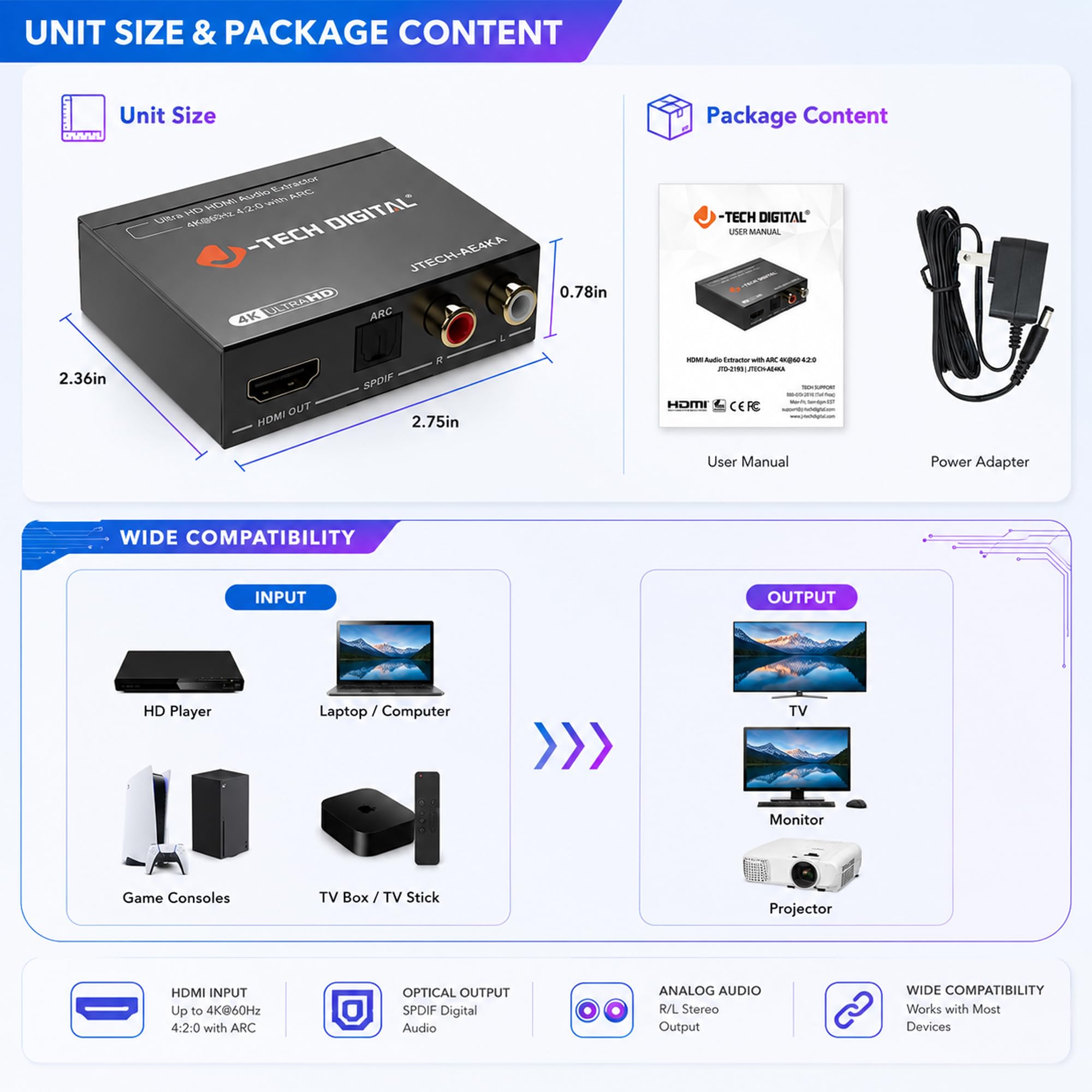 J-Tech Digital Estrattore audio HDMI 4K 60Hz e supporto ARC, da HDMI a RCA ottico compatibile con Dolby Digital DTS Stereo per console di gioco Blu-Ray laptop (JTECH-AE4KA)