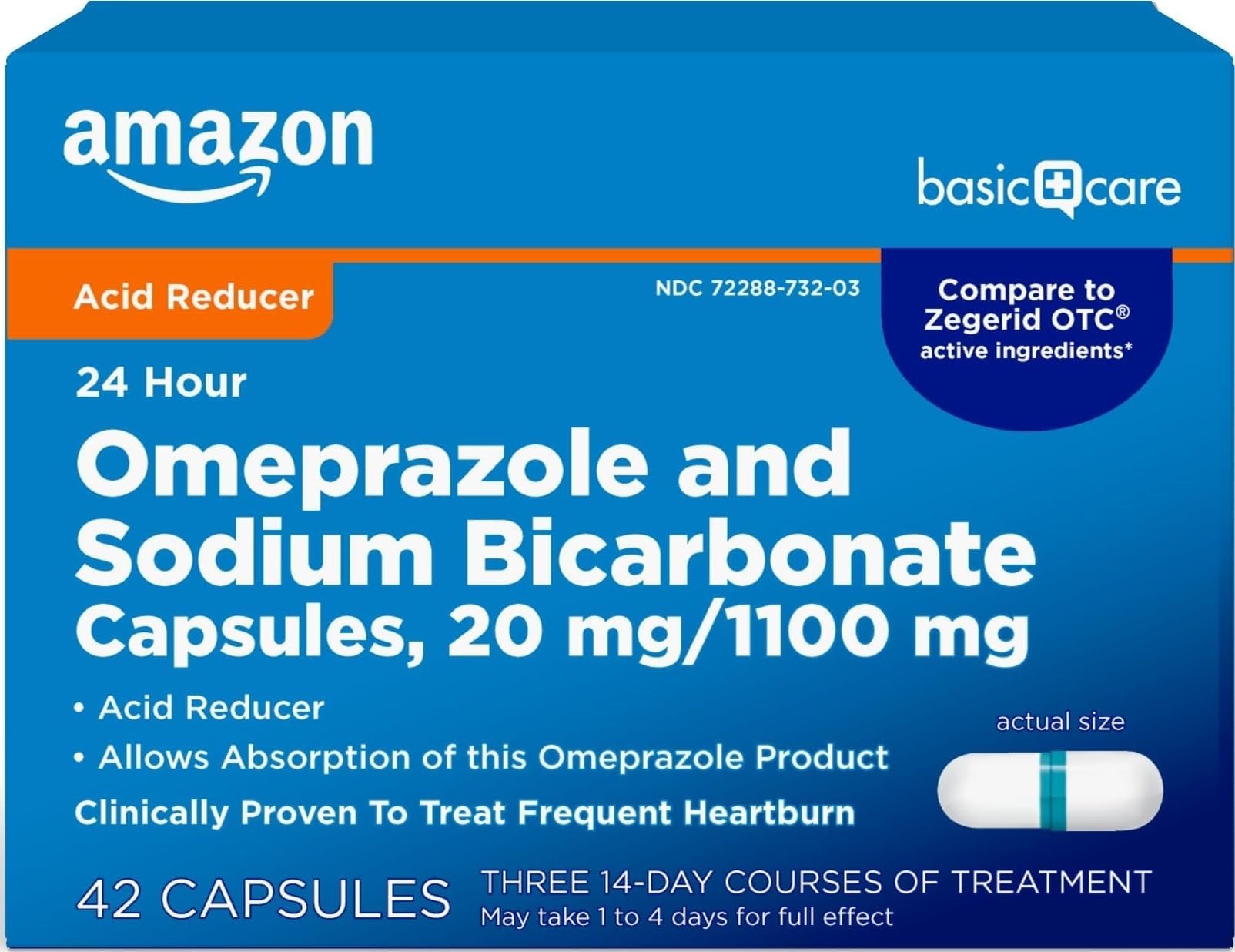 Amazon Basic Care Omeprazole and Sodium Bicarbonate Capsules, 20 mg/1100 mg, 24-Hour Acid Reducer, Frequent Heartburn Relief, 42 Count