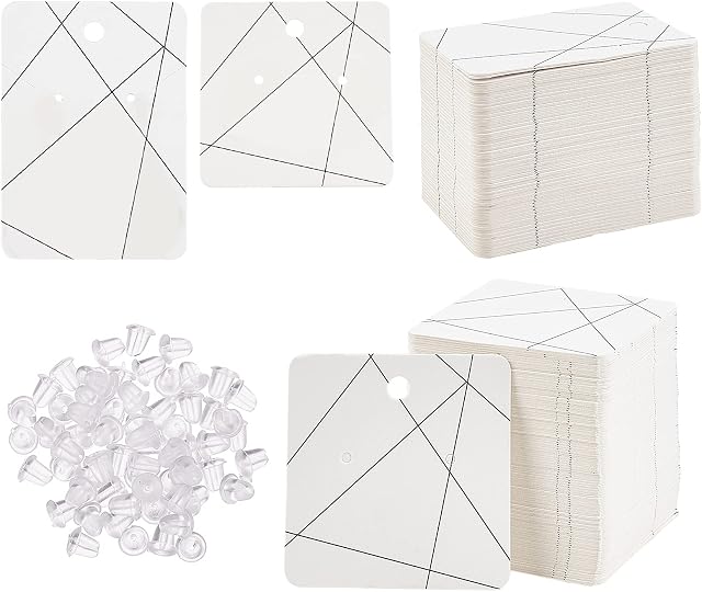 SUPERFINDINGS 200pcs Earring Display Cards with 400pcs Plastic Ear Nuts White Mini Earring Display Cards for Packaging Display Jewellery Necklace Earrings
