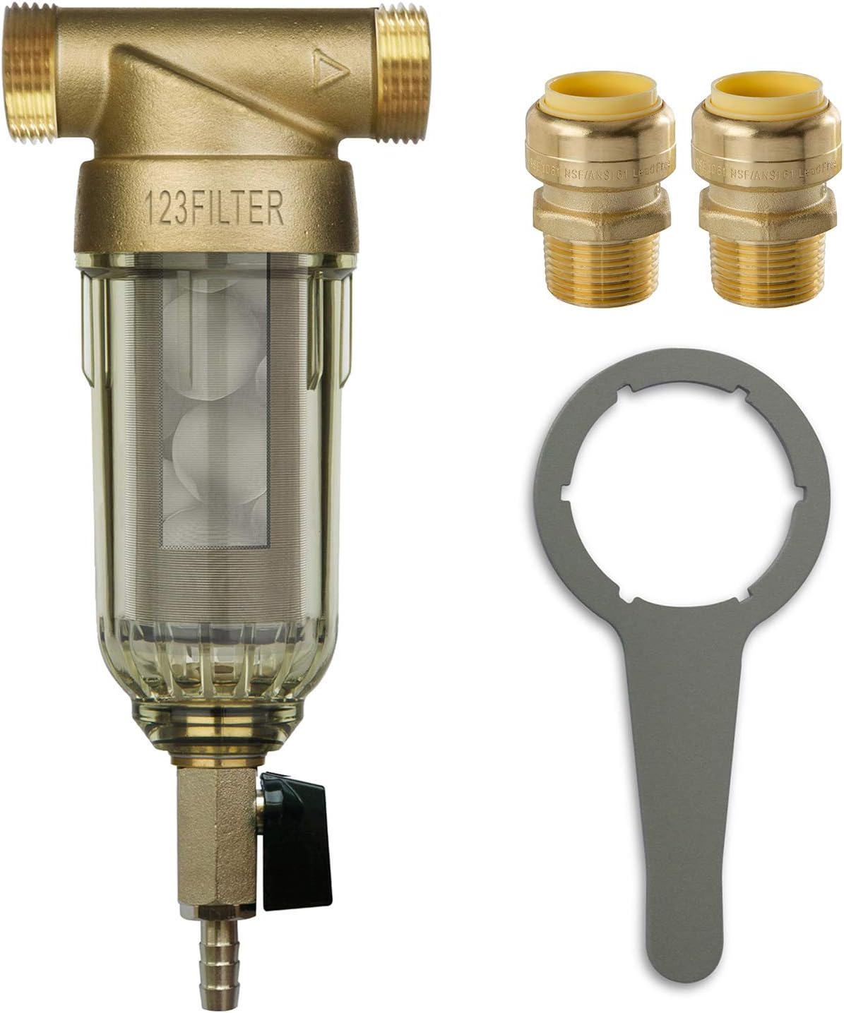 iSpring WSP-50SL Reusable Whole House Spin Down Sediment Water Filter with Siliphos, Multiple Micron Sizes w/Push-Fit Plumbing Fittings (WSP-50SL+ACPF12MPT12x2-FBAC)