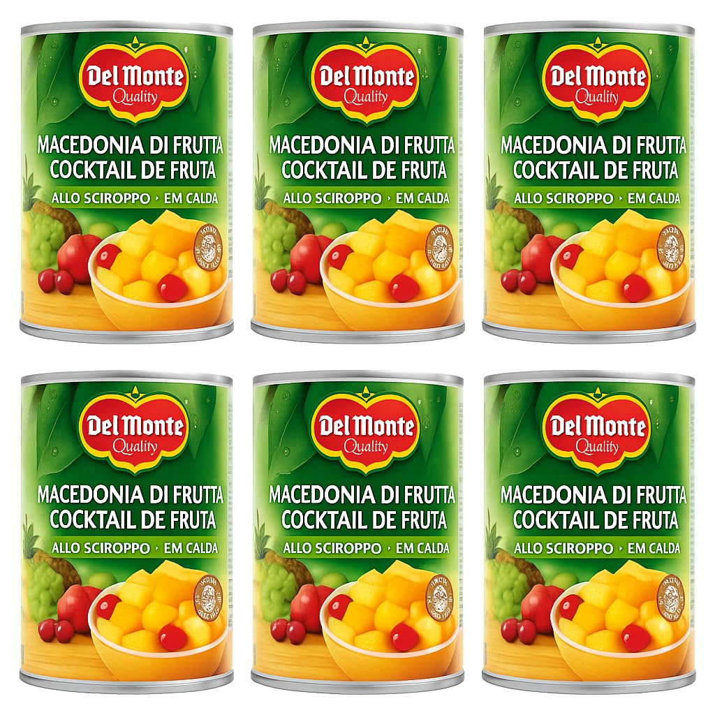 6X Macedonia di Frutta a pezzi in Sciroppo, Ananas, Pesche, Pere, Uva e Ciliegie, in Succo, Alta Qualità per del monte 420g