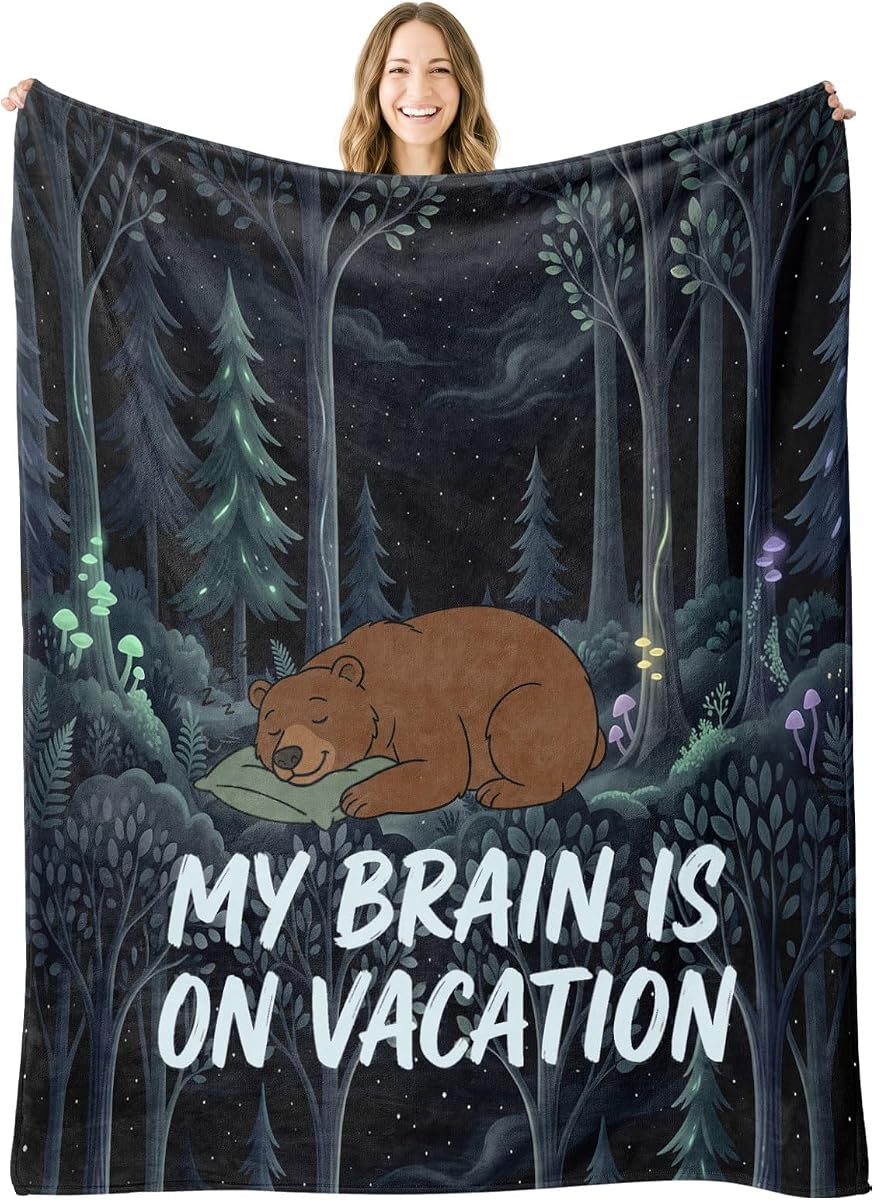Funny Bear Throw Blanket – "My Brain is on Vacation" Bear Birthday Gifts | Birthday Gifts, Flannel Polyester Blanket, Cute Animal Gifts for Women, Men, Teens, Gamers, Introverts, 50x60Inch