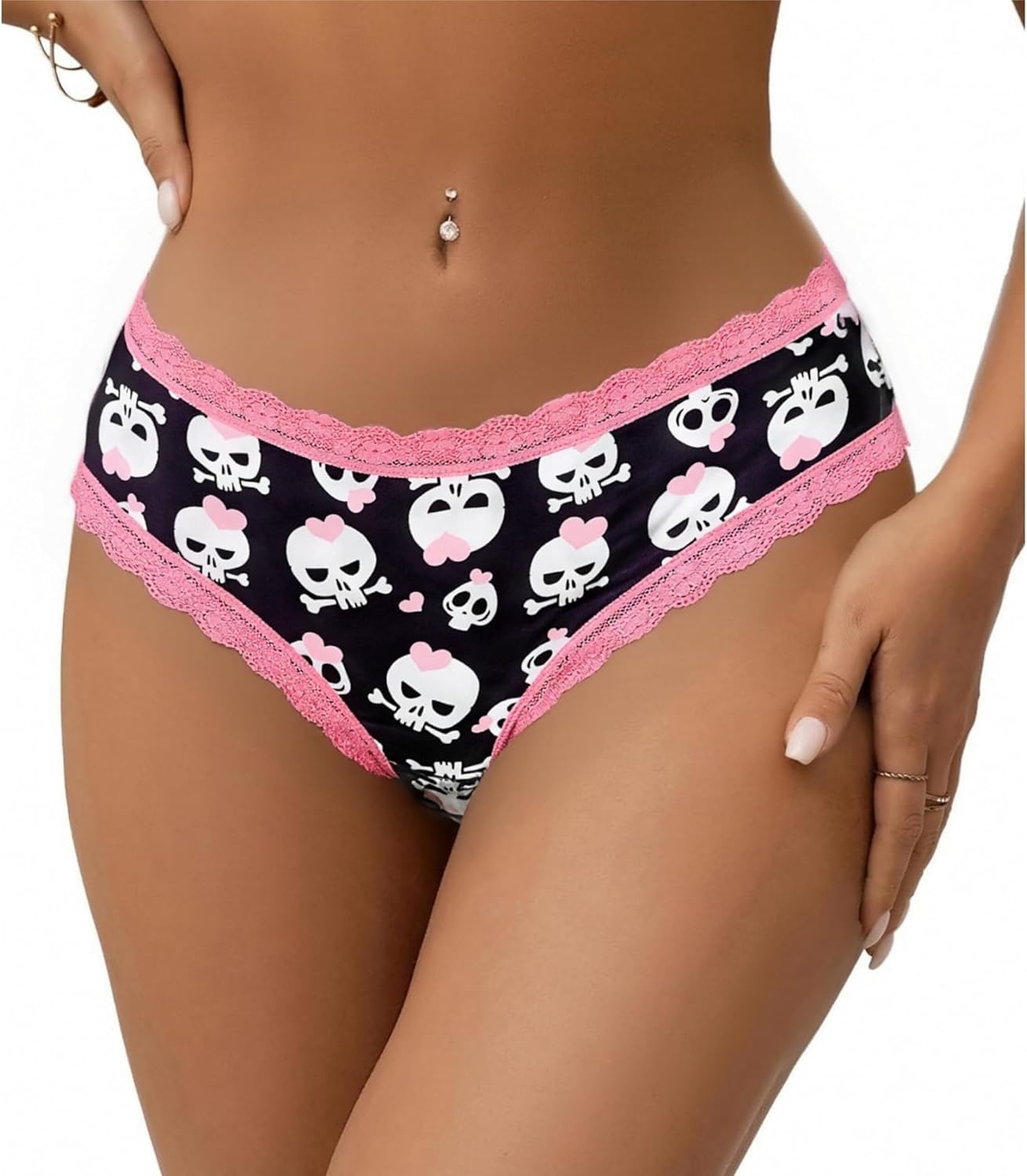 Women's Gothic Lace Hipster Panties 5~6Pack:Skull Rose Halloween Print,Pink Low Rise Bikini Soft Comfy Sexy Underwear - Image 8
