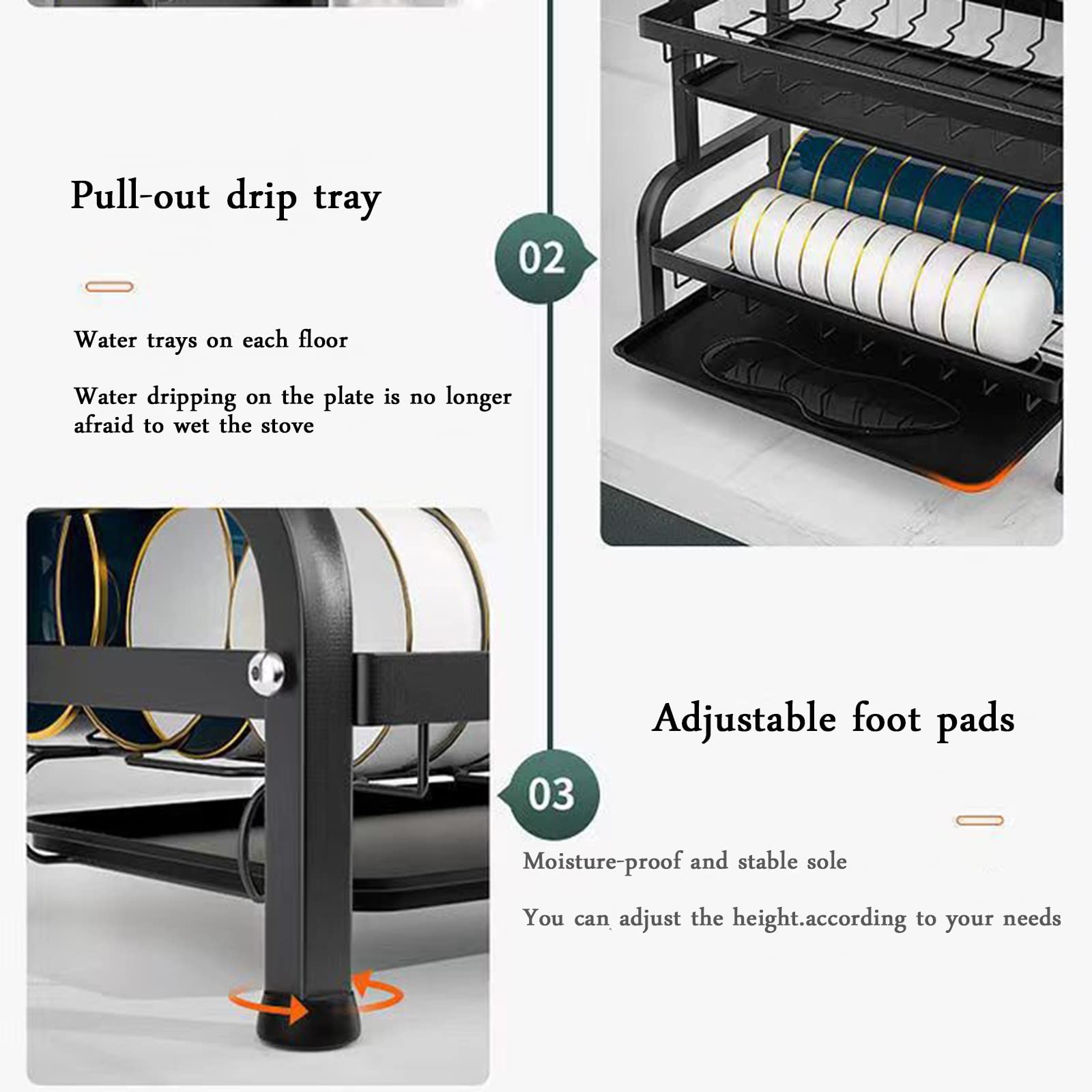 Estante para especias de 3 niveles, estante para secar platos, escurridor de platos grande ajustable para almacenamiento, organización del mostrador de la cocina, juego compacto de escurridor para p